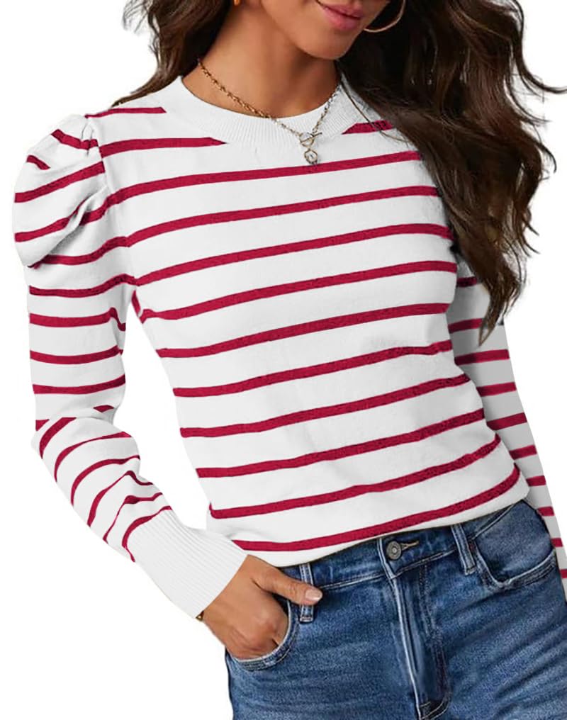 UNCLECAT Womens Striped Sweater Trendy Lightweight Sweaters Puff Long Sleeve Tops Casual Knit Pullover Shirts