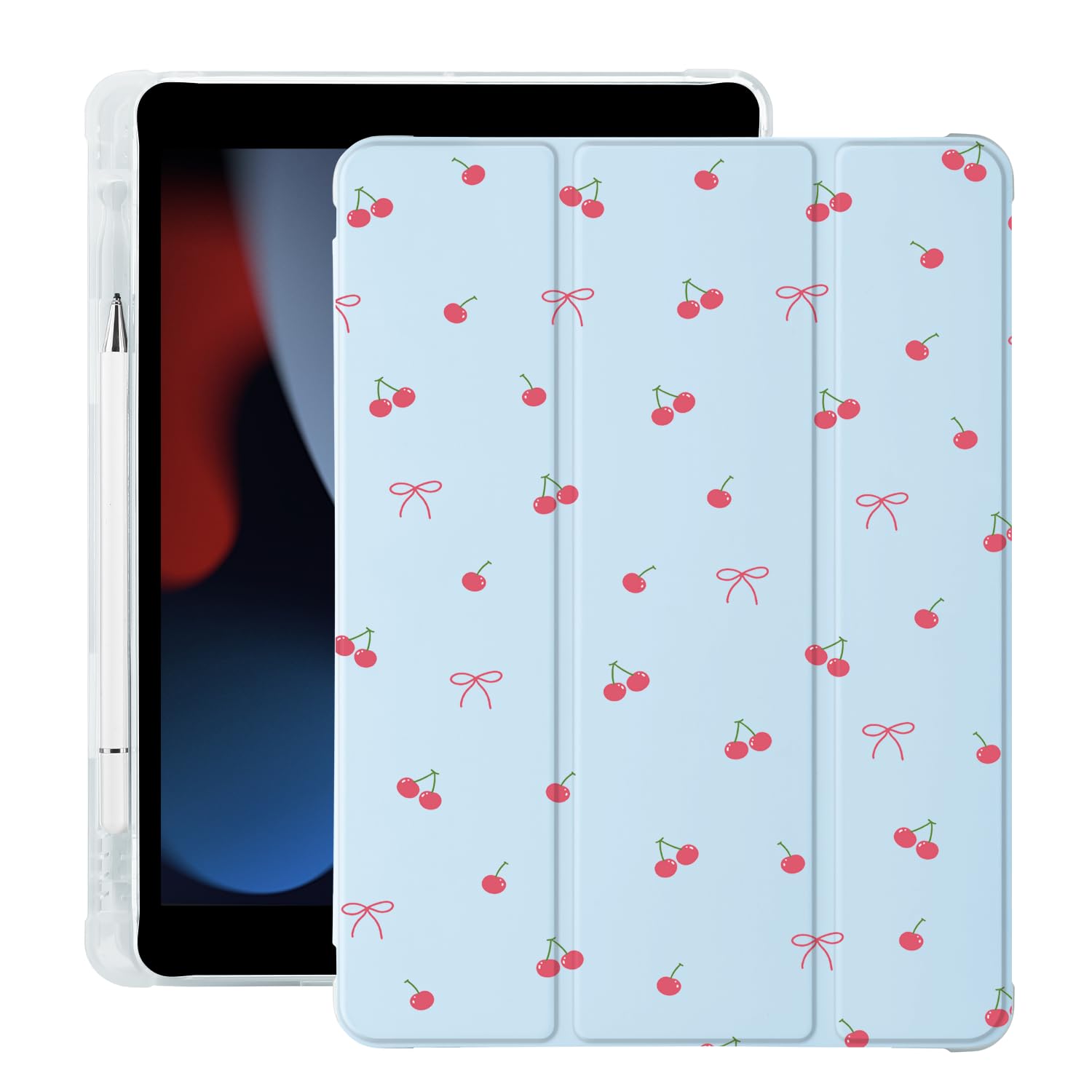 Cute Kawaii Cherry Bow for iPad 7th/8th/9th Generation Case with Pencil Holder, Auto Sleep/Wake, Blue Leather Soft TPU Back Cover for iPad 10.2 Inch