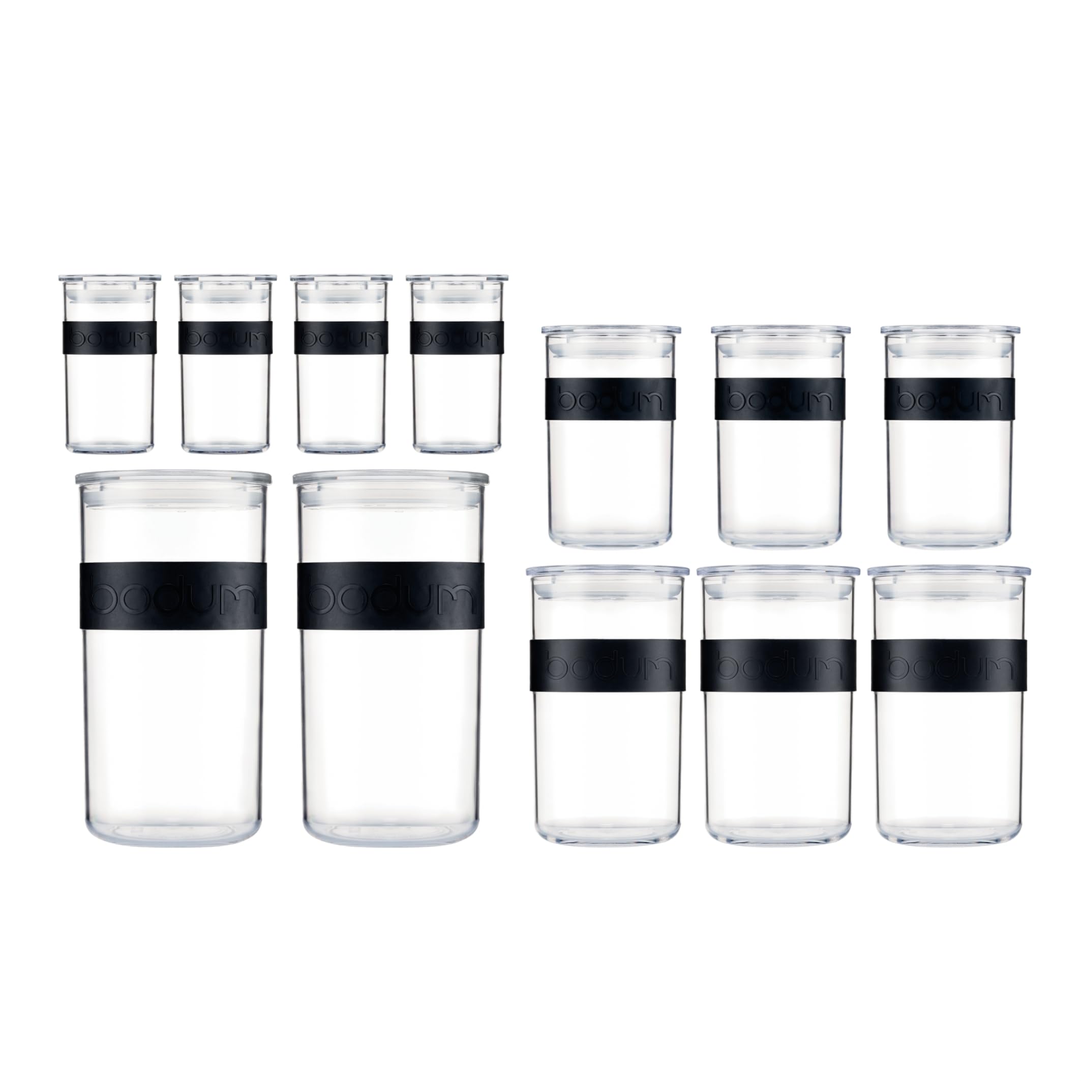 Bodum PRESSO Vorratsgläser, Kunststoff, Schwarz, 4 x 0.25 l, 3 x 0.6 l, 3 x 1 l, 2 x 2 l 4 x 0.25 l, 3 x 0.6 l, 3 x 1.0 l, 2 x 2.0 l
