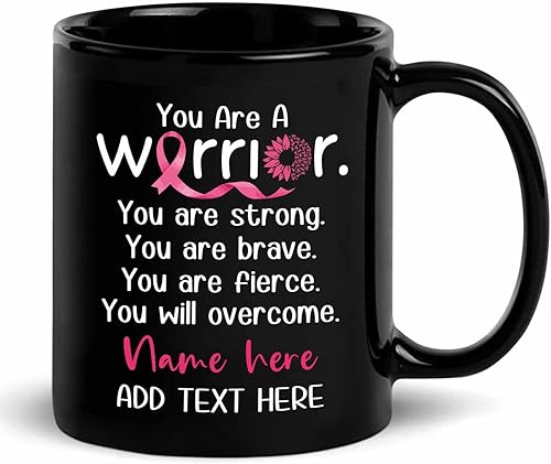 Taza de café negra con texto en inglés You Are Strong You Are Strong You Will Overcome, taza de café negra personalizada con el nombre del guerrero