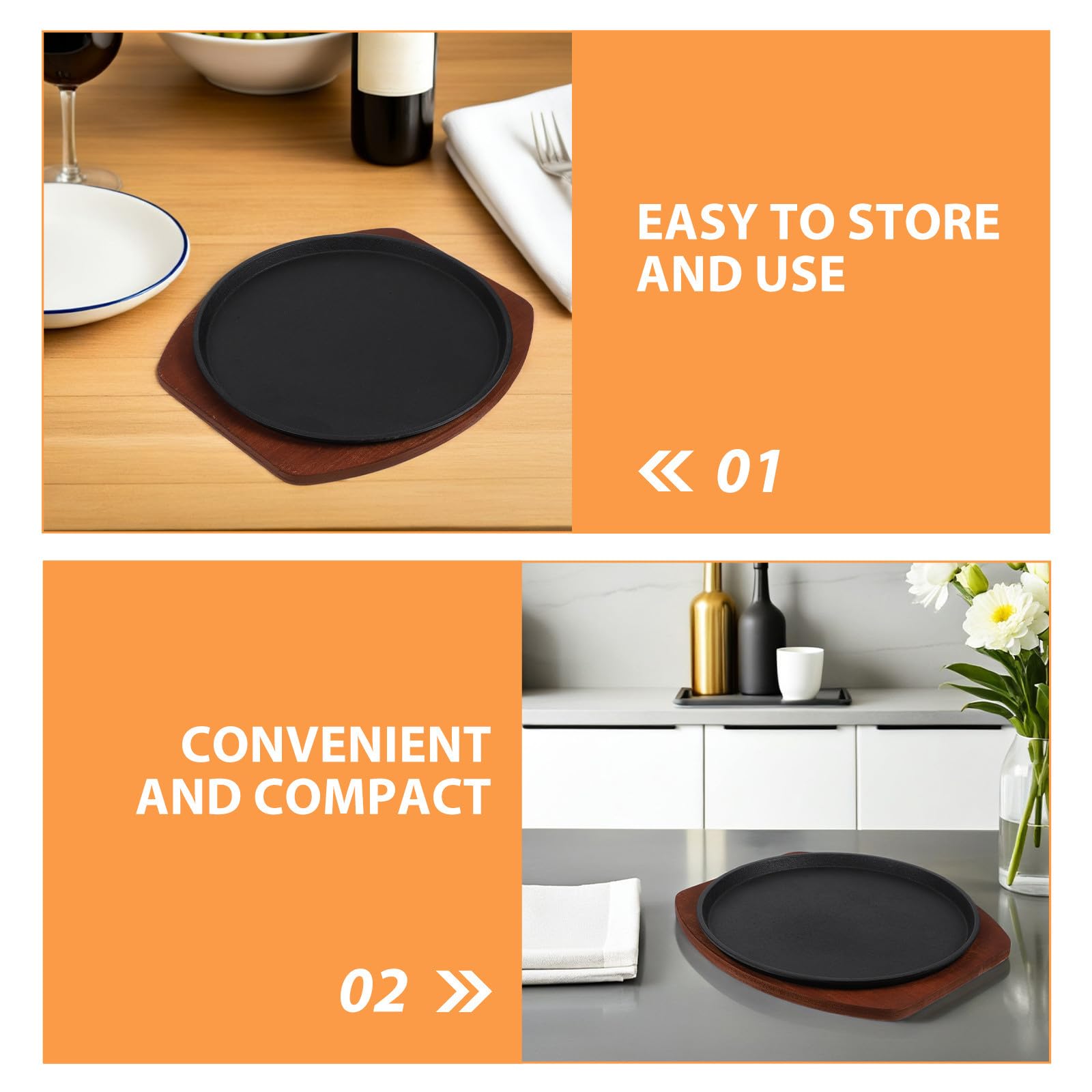 Veemoon Set di piatti per fajitas in ghisa, padella per fajitas con vassoio in legno, padella in ghisa antiscottatura da 27 cm per barbecue in casa, cucina, feste, ristorante, servizio di catering