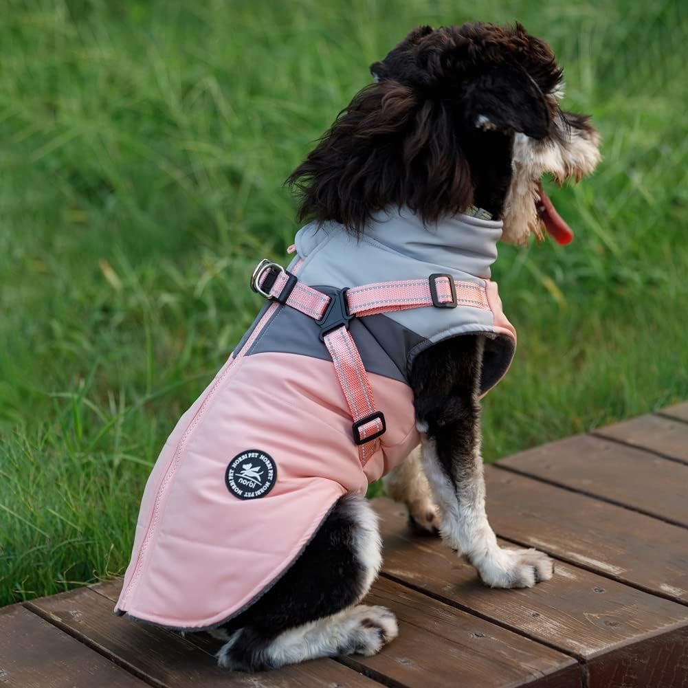 Norbi All-Weather Dog Coat with Harness, Waterproof Windproof Winter Jacket, Reflective Warm Vest for Small Medium Dogs, Easy On Back Zipper Design
