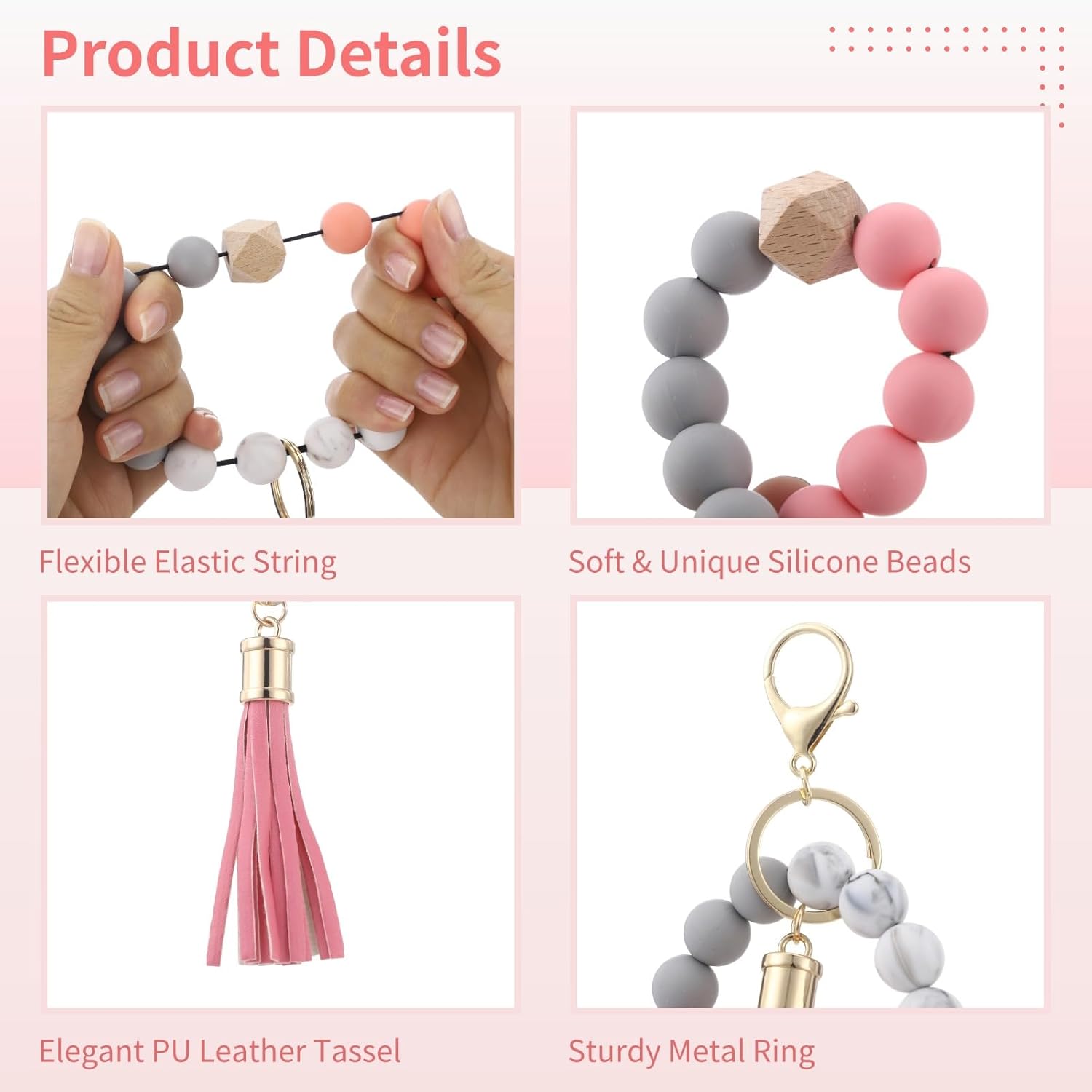 ZALIR 15 Pcs Silicone Beaded Key Ring Bracelets, Fashionable Beaded Wristlet Keychains for Women, Colorful Key Holder Bangles with PU Leather Tassel for Keys, Backpacks