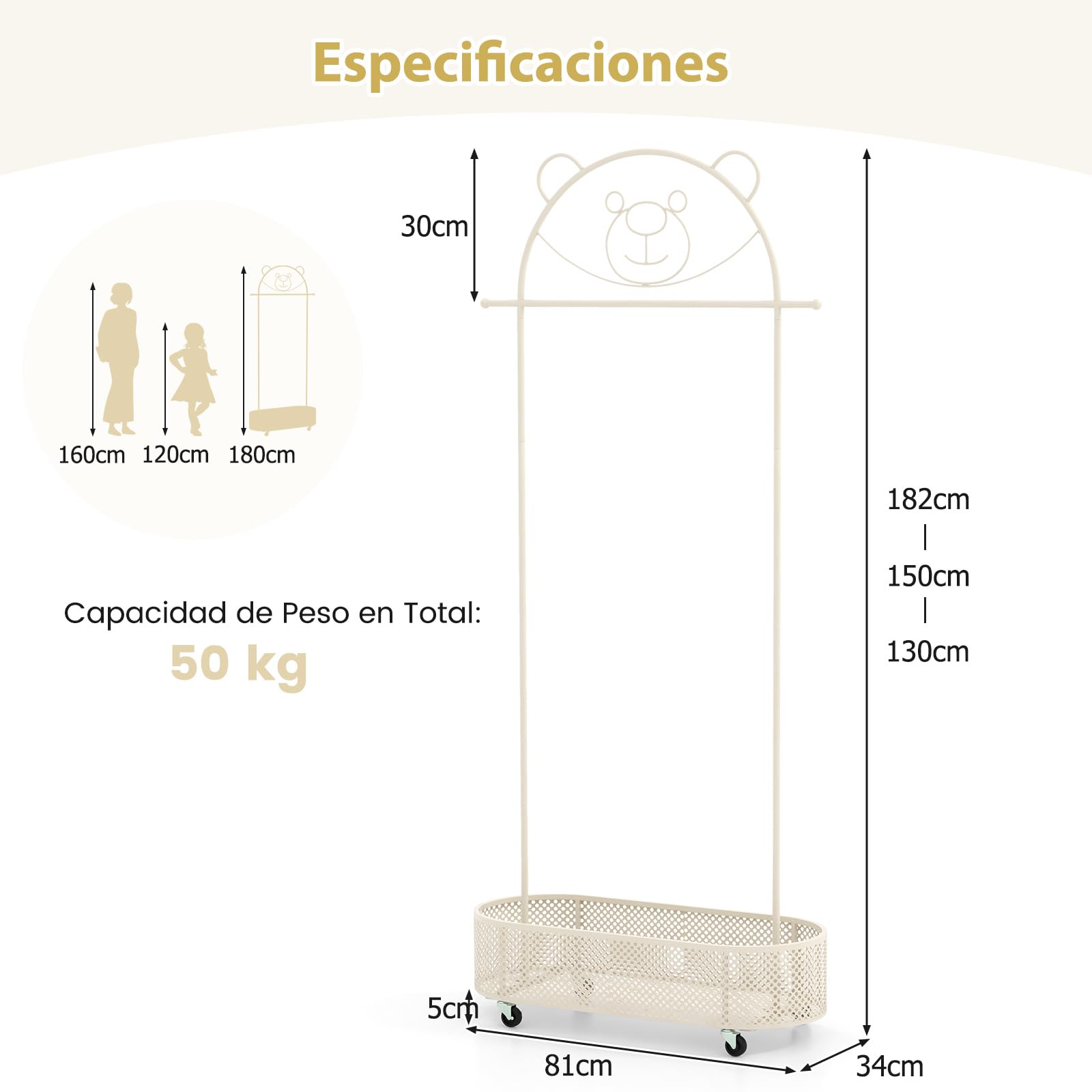 GOPLUS Perchero de Ropa para Niños con Ruedas, Perchero Infantil Rodante con Cesta de Almacenaje Inferior, 3 Alturas Ajustables, Perchero de Ropa Colgante de Metal con Diseño de Oso (Blanco)