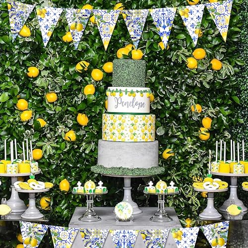 Image of 6PCS Amalfi Coast Party Decorations: Capri Lemon Garland Mediterranean Decor, Italian Themed Blue Tiles and Yellow Banner for Bridal Shower, Summer Birthday