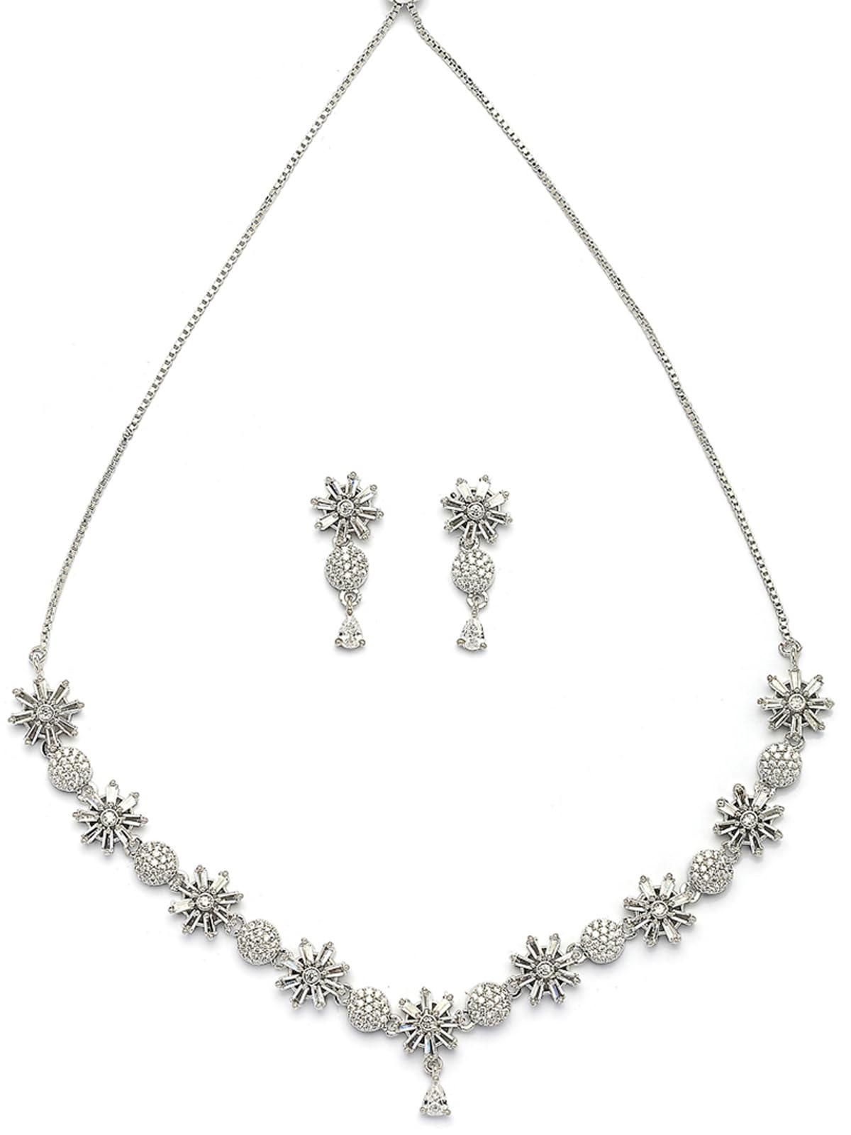 Decent Stylish Fashionable American Diamond Studded Floral Shaped Choker Necklace with Drop Earrings Jewellery Set for Women & Girls-image-3