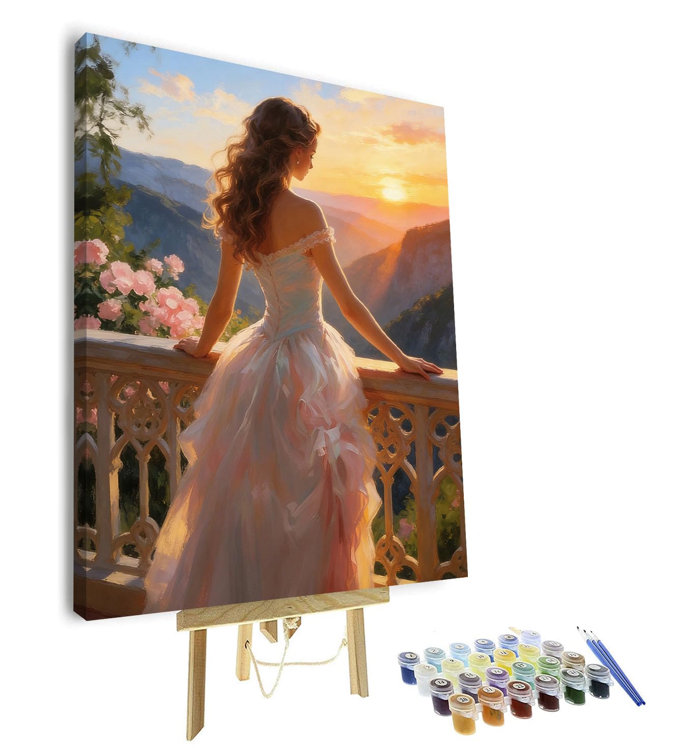 TISHIRON Paint by Numbers Kit for Adults, Paint by Number - Romantic Sunset Portrait of Beautiful Girl in Long Dress on Balcony, Home Decor Framed Canvas, Beginner Friendly(16x20 Inch)