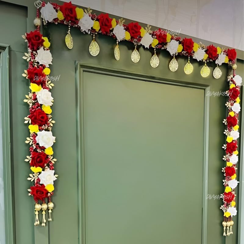 Divyakosh Thoranam for Entrance Door with Side Hanging, Velvet Rose Flowers Toran, White & Red, Fabric, Perfect for Festivals & Home Decor — image 1