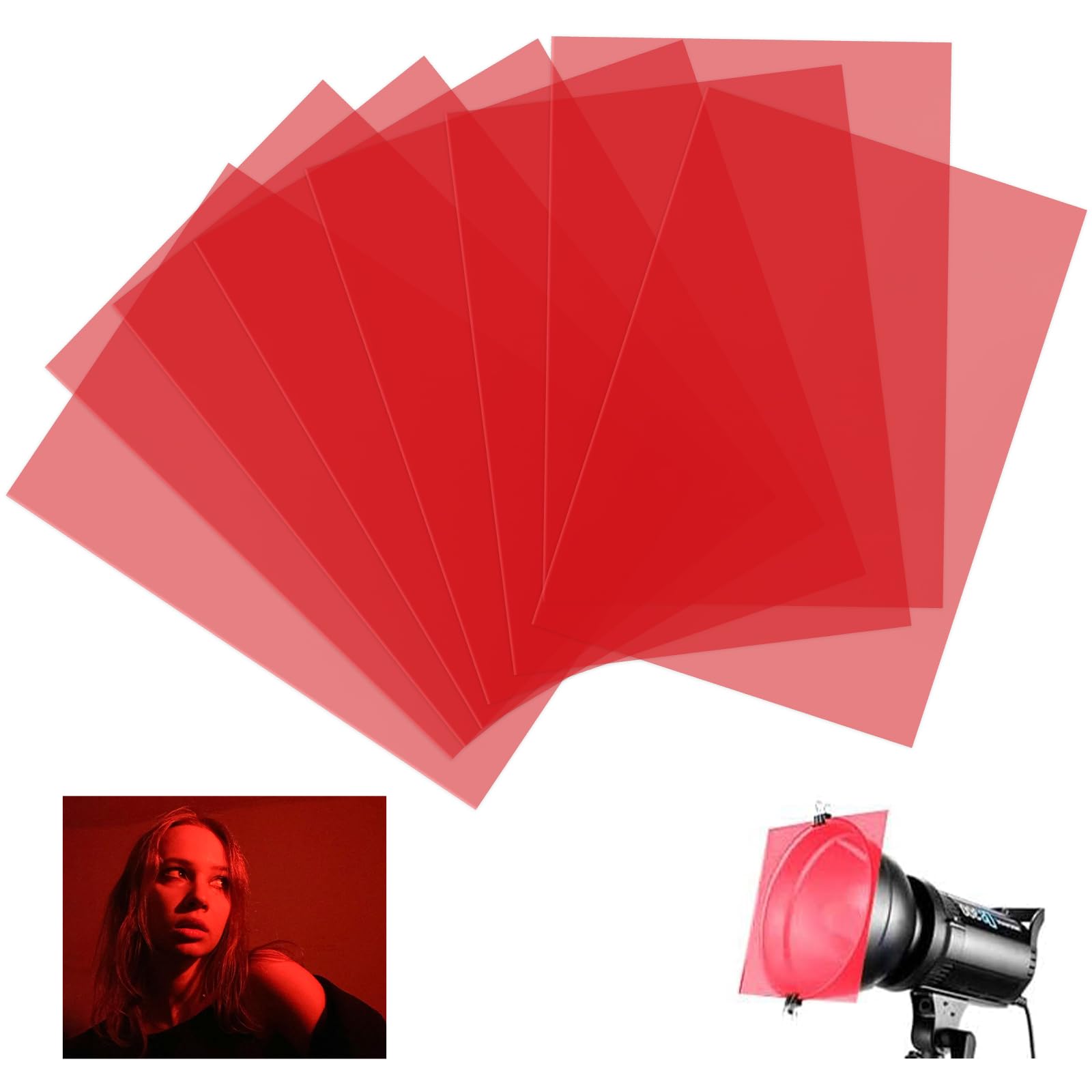 8 Stück Folie Hitzebeständig für Lampen, Rote Folie Transparent, 21 x 29,7 cm Farbfolie für Led Lampen, Folien A4, Farbfolien Fotografie für Foto Lampe Scheinwerfer Grafie Studio Strobe Blitz