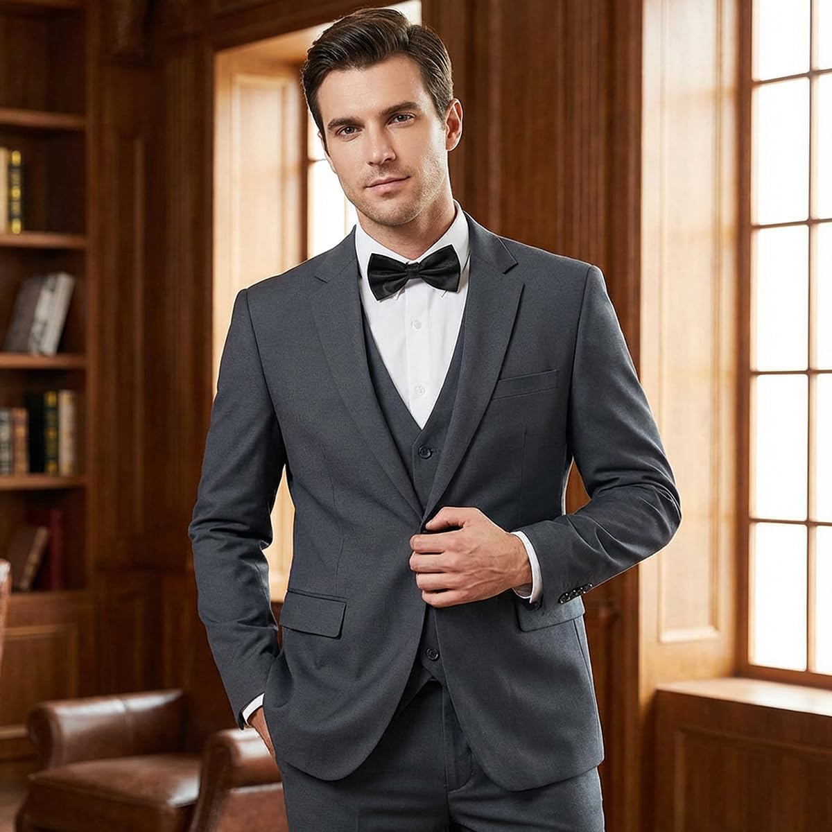 Men's 3-Piece Slim Fit Suit with Bow Tie, Single Button Blazer Vest Pants Set for Wedding Business, Formal Suit for Men - Image 2