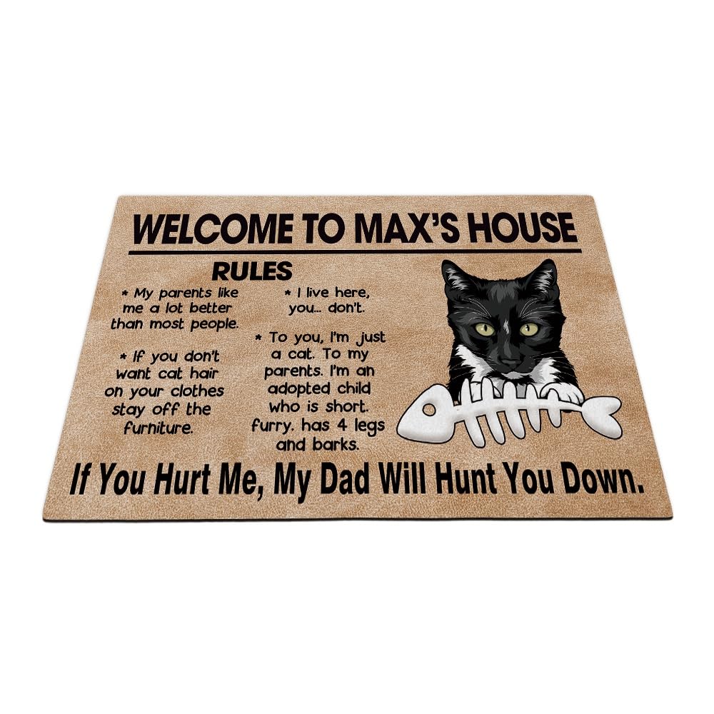 MALIHONG Welcome to Cat's House Funny Tuxedo Cat Door Mat Cat Rules Indoor Entrance Area Decor Doormat Inside Floor Mat Rugs Cat Lovers Gift 27.5x17.7