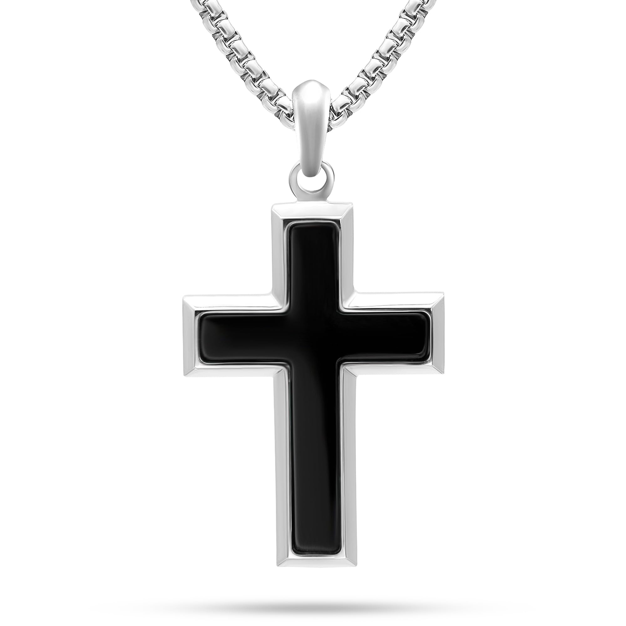 RTZNRTZN® Black Onyx Necklace for Men – Premium Artisan Black Onyx Cross Necklace Pendant with Stainless Steel Box Chain 22" Inch + 2" Extension