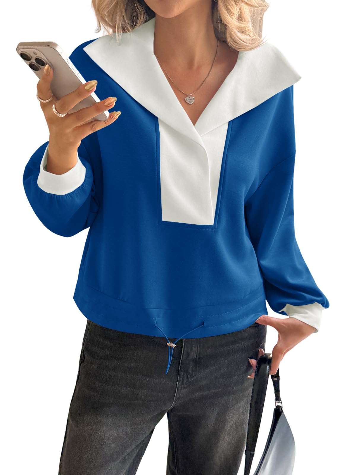 Fisoew Womens Cropped Oversized Sweatshirt Casual Lapel V Neck Long Sleeve Contrast Drawstring Loose Fit Fall Pullover Tops