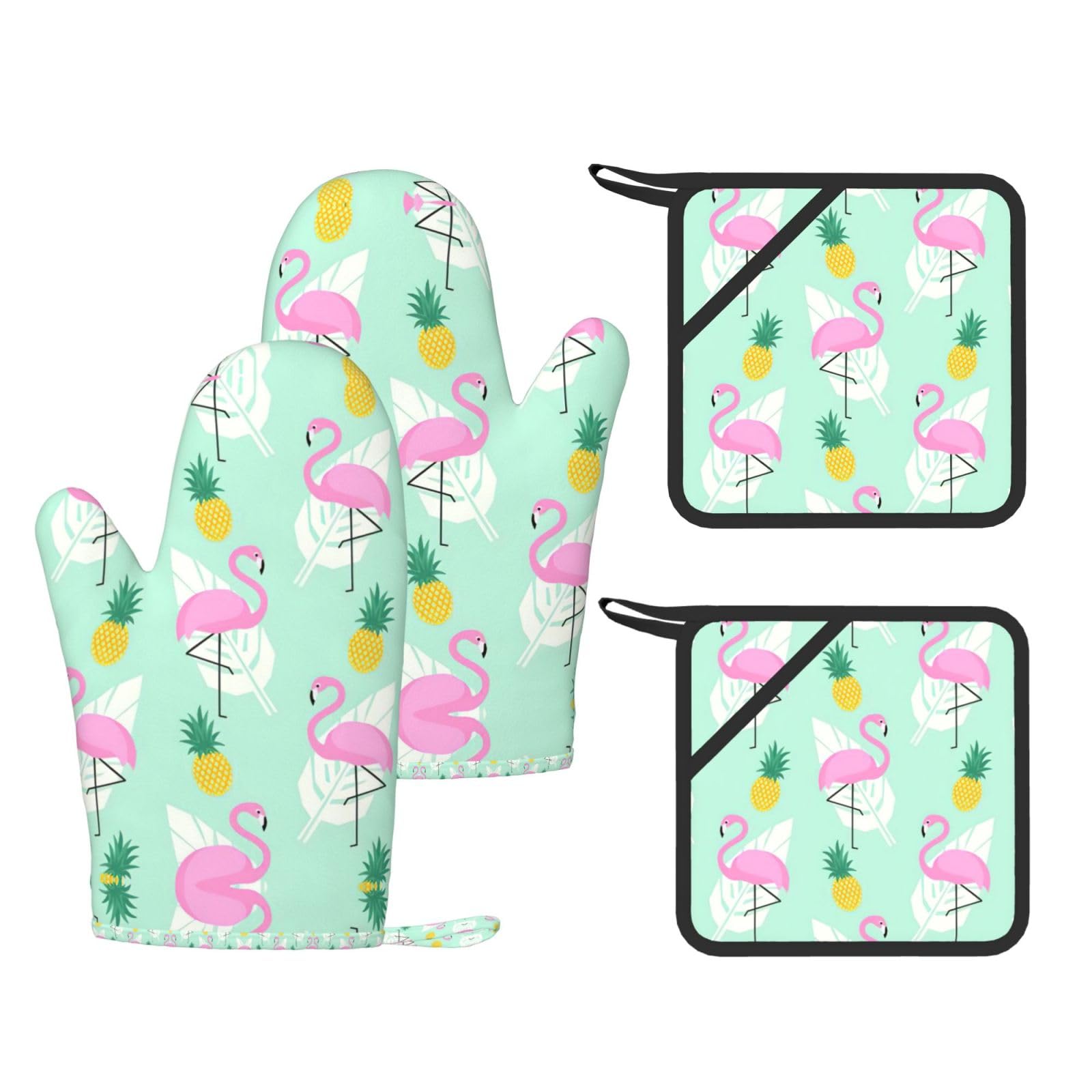 pink flamingo pineapples Printed Oven Gloves and Hot Pads Set of 4, High Heat Resistant Silicone Mitts for Cooking BBQ