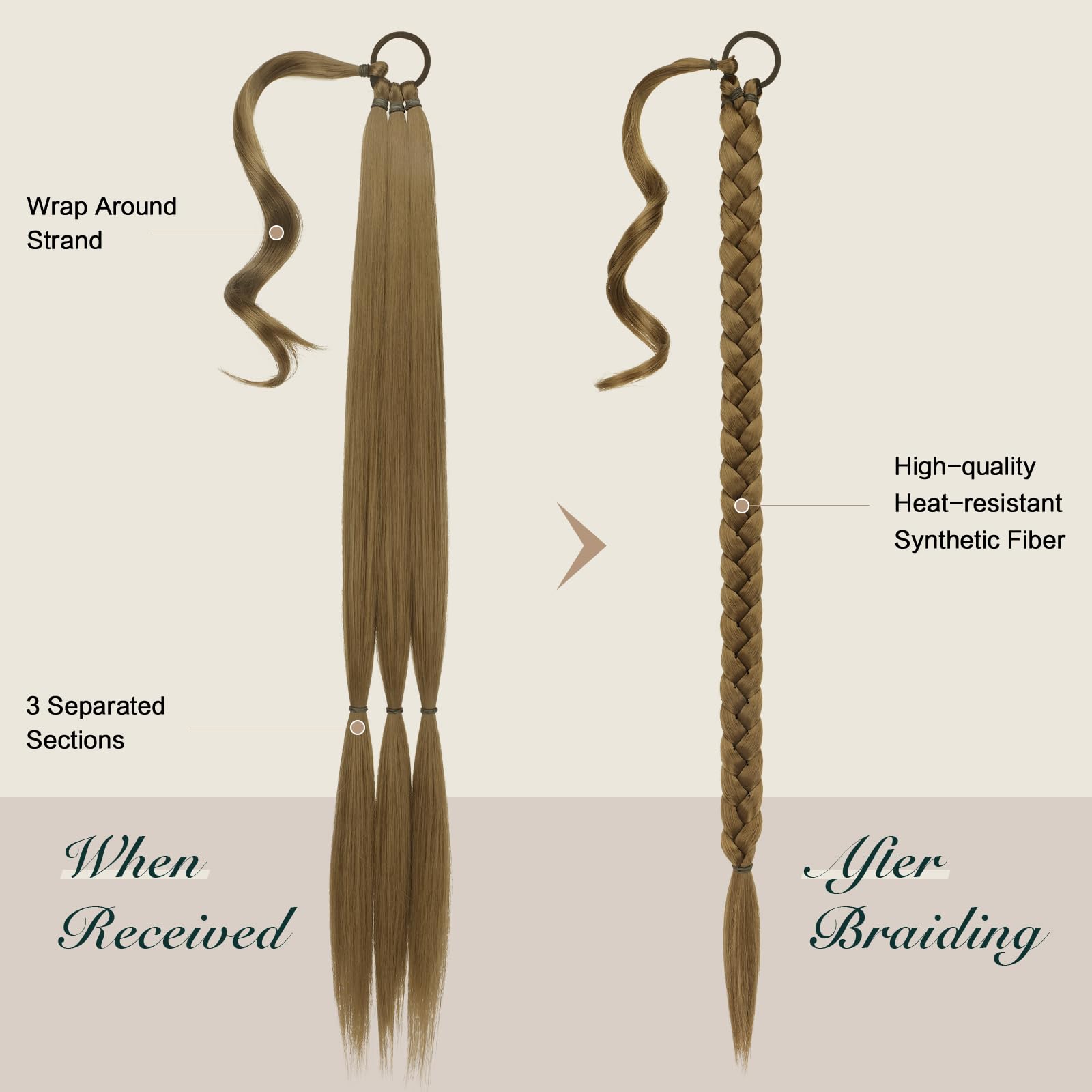FESHFEN Extensiones de Pelo Coleta Trenzada, 85 cm Coleta Postiza de pelo Larga para Mujeres Envolvente Ponytail Extensiones de Cola de Caballo Castaño Claro Sintético para la Fiesta Diaria