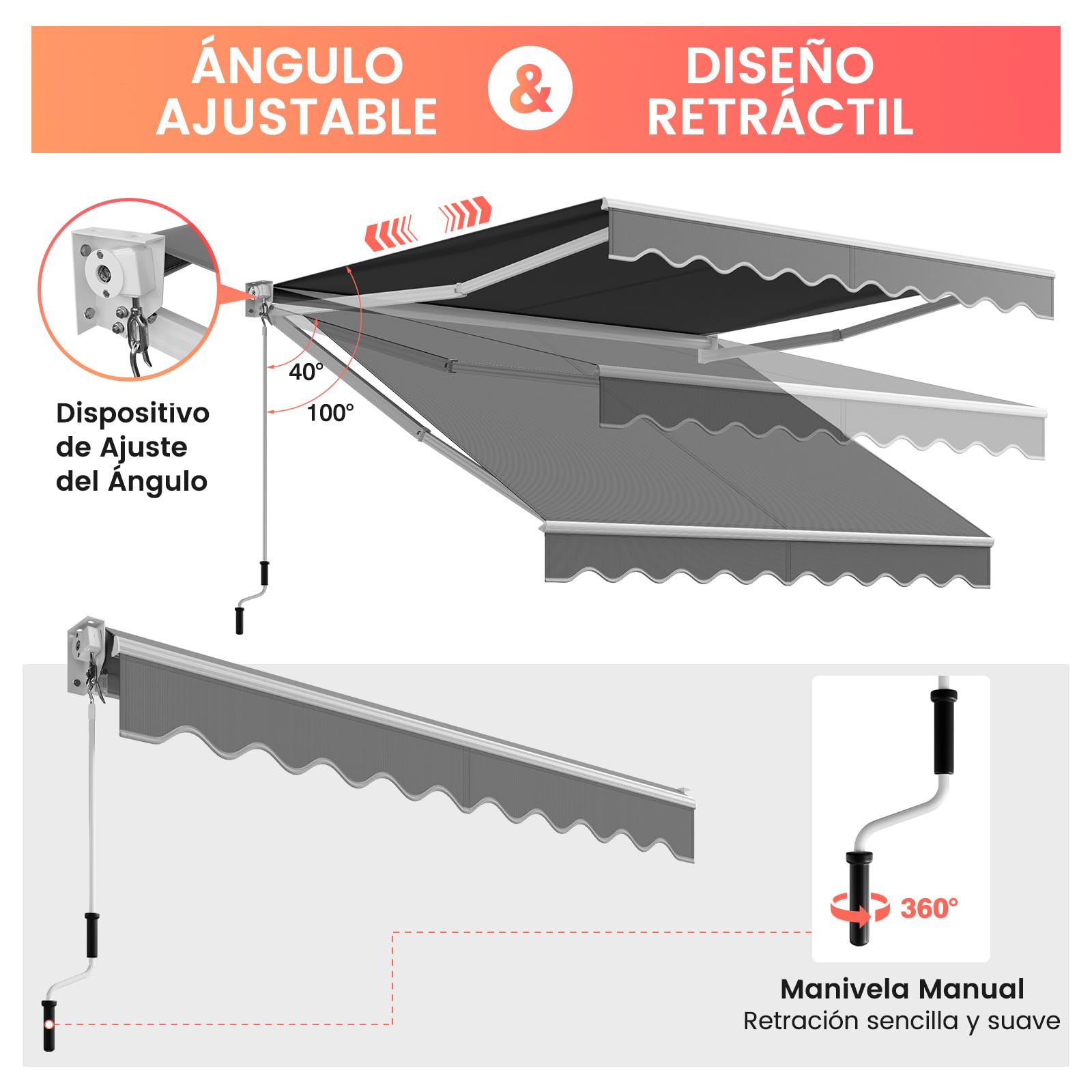 RELAX4LIFE Toldo Exterior Terraza de Marco Aluminio 2,5x2m (Gris) | con Manivela y Ángulo Ajustable 40-100°, Toldo Retráctil con Brazo Articulado, Protección Solar y de Agua para Balcón