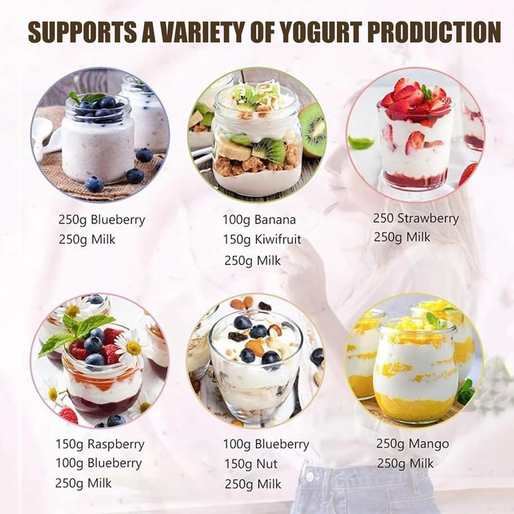 Yogurtera Automática con 8 Frascos de Vidrio. Yogurtera Eléctrica con Control de Temperatura y Tiempo Ajustables. Enchufe Europeo.