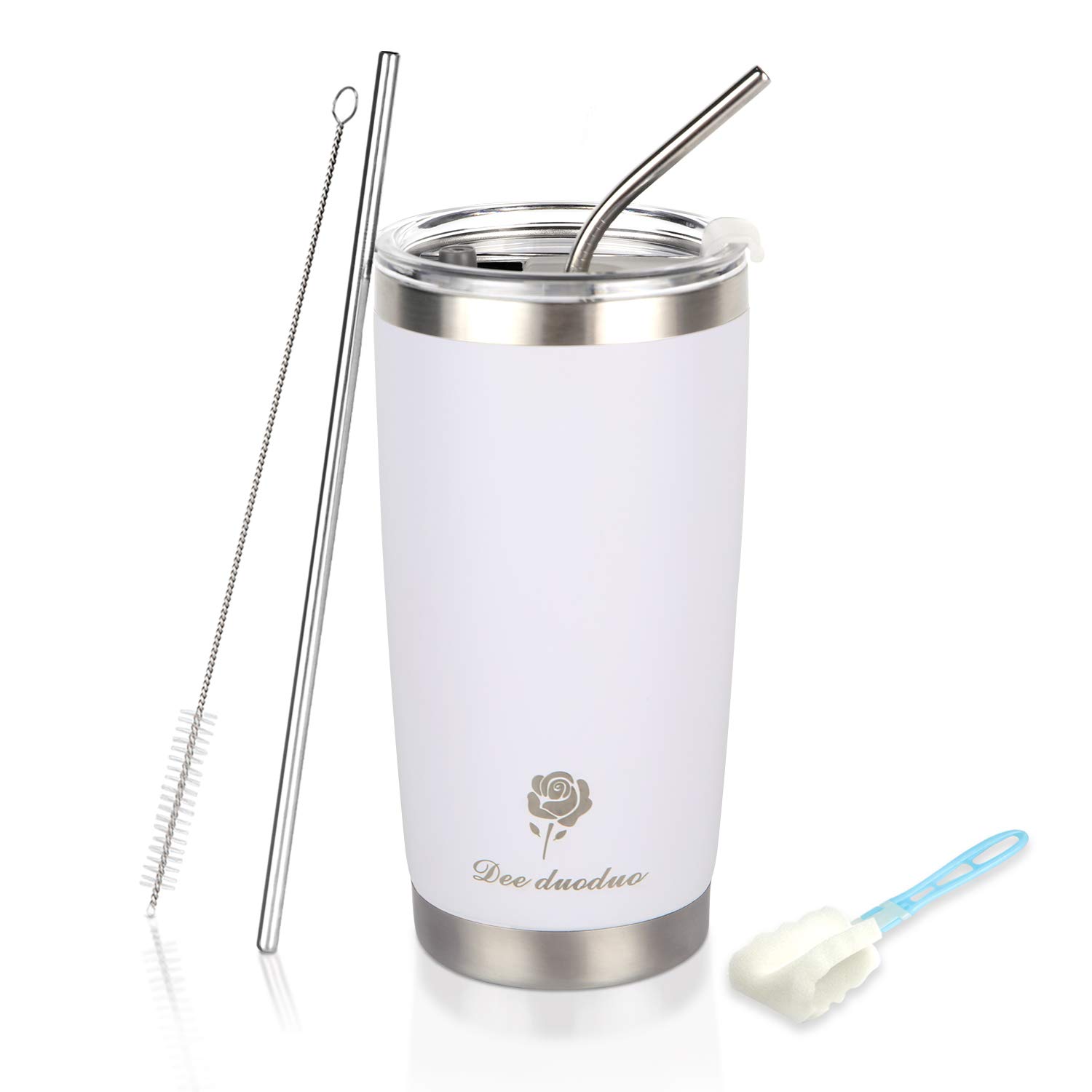 Dee duoduo 20 oz. Tumbler Double Wall Stainless Steel Vacuum Insulated Coffee Cup with Splash-Proof Lid, 2 Metal Straws and Brush, Travel Mug for Home Office School (White)