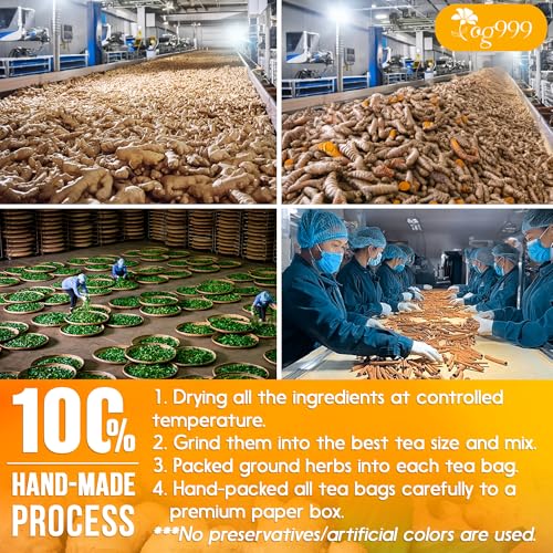 Image of TOG999, 20 Tea Bags of Ginger, Turmeric and Cinnamon, 100% Natural, Hand-made Blend of Ginger, Turmeric, Cinnamon, Orange Peel, Black Pepper, Hawthorn Berry and Jasmine. No Sugar, No Caffeine, No Gluten, Vegan.