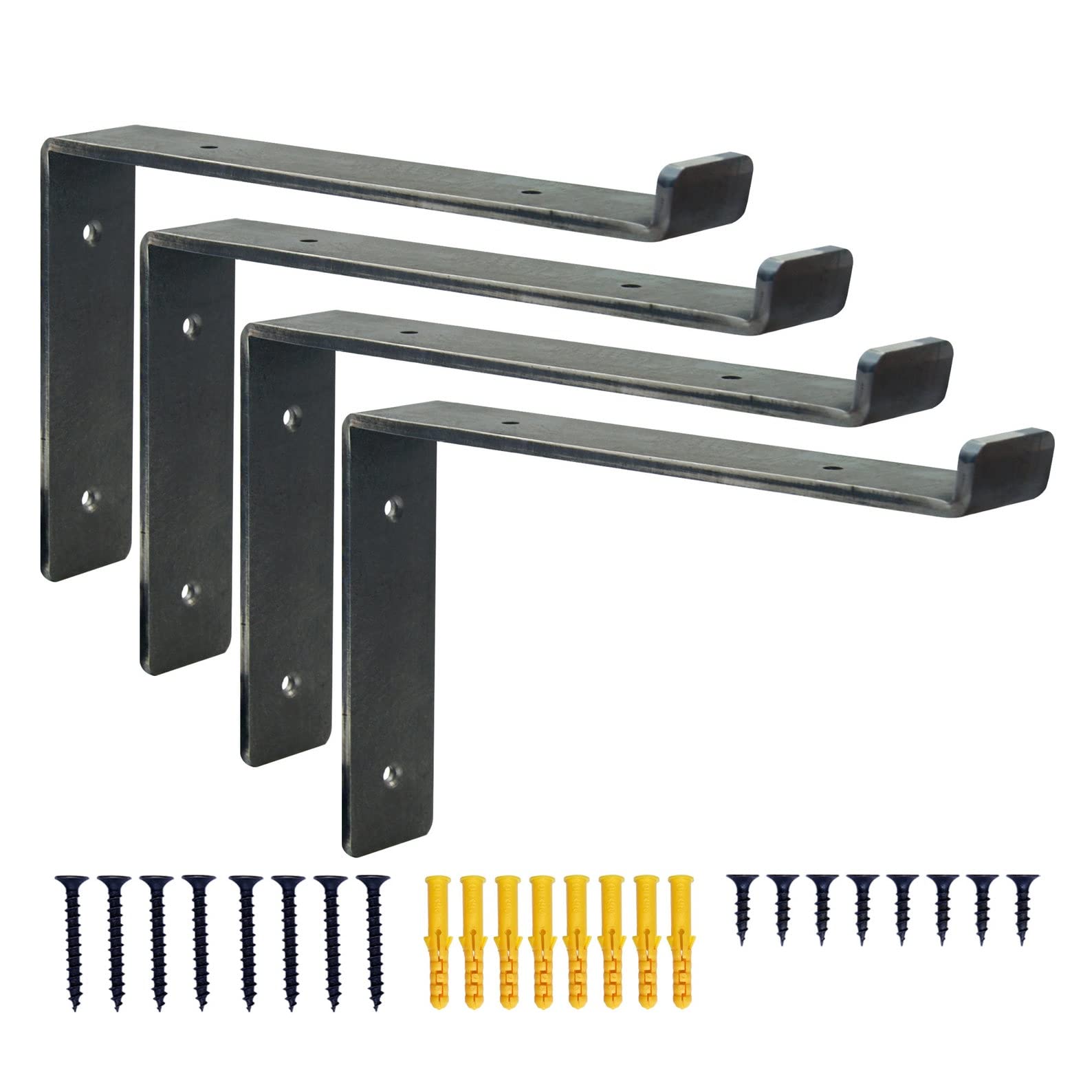 4 Pcs Heavy Duty Shelf Brackets for Scaffold Board Shelving - Durable Industrial Style Downward - Made from 5mm Steel by DT Ironcraft - (Raw Steel 4 Pcs)
