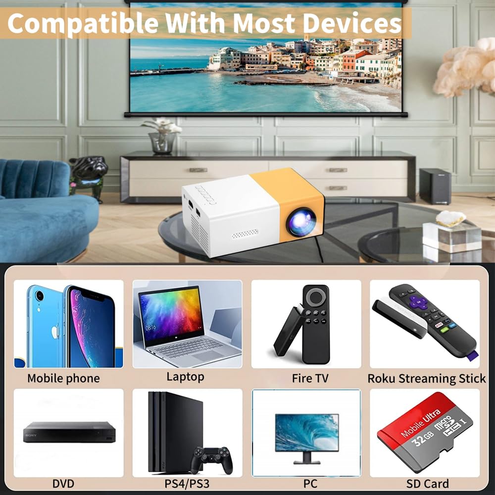 Mini Projecteur Portable 1080P Full HD avec Télécommande HDMI Audio Smartphone Tablette PC TV Stick USB AV Jaune