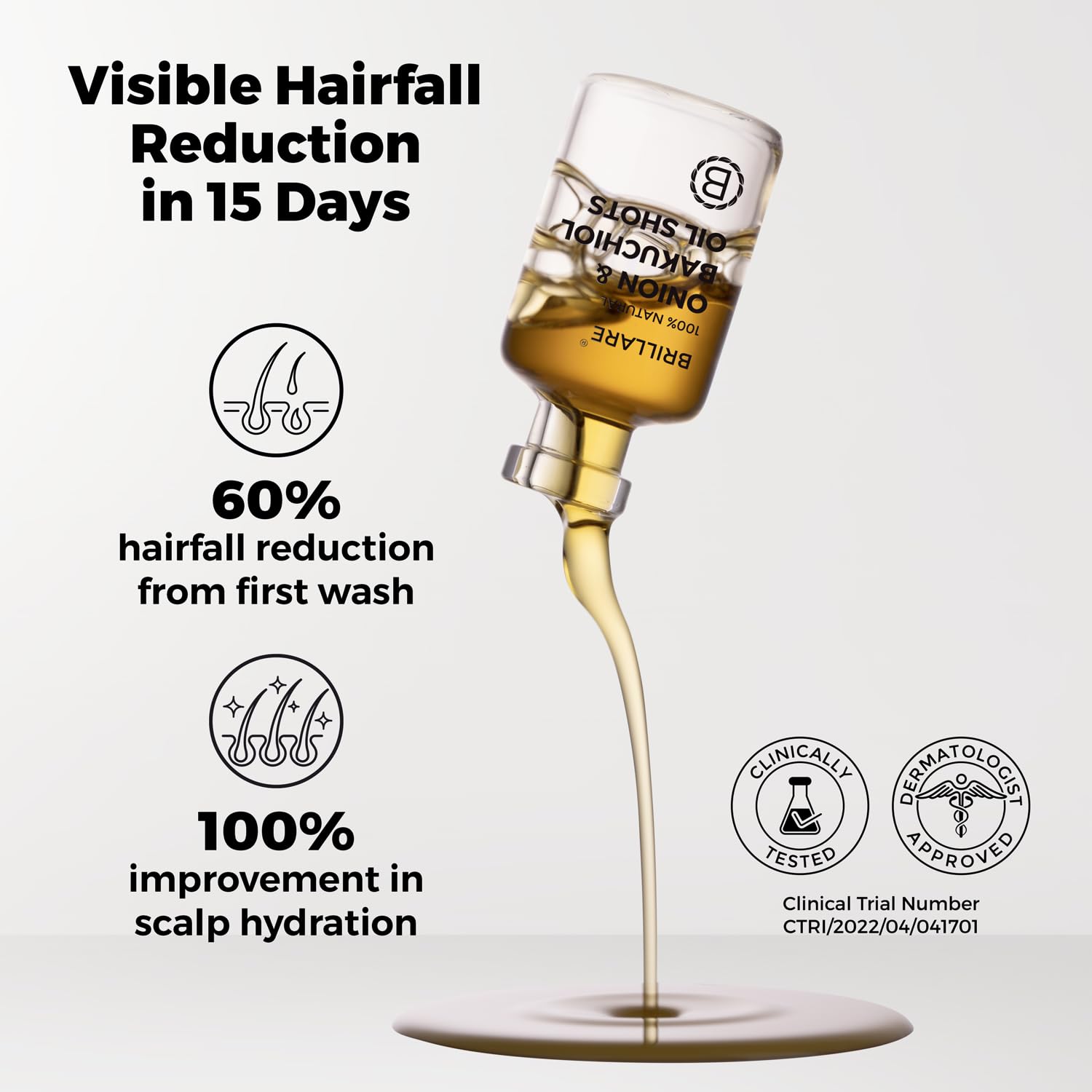 Brillare 40% Onion Oil shots for Hair Fall Reduction with 0.5% Bakuchiol & 45% Coconut Oil for 100% scalp hydration | Visible Hair Fall Reduction in Just 15 Days 1