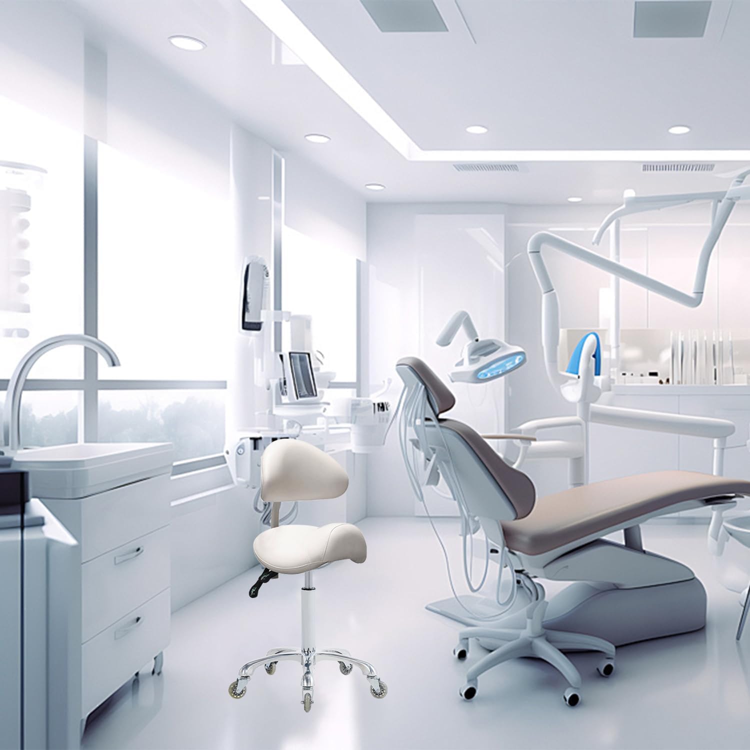 Antlu Saddle Stool Rolling Chair with Back Support,Esthetician Tattoo Dental Stool Chair,Lash Chairs for Eyelash Tech Massage Salon(White,with Backrest)