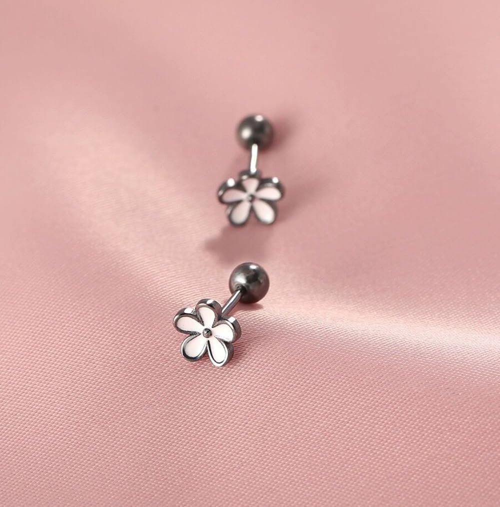18G Cute Flower Cartilage Mini Stud Earrings for Women Teen Girls Hypoallergenic 925 Sterling Silver Enamel White Flowers Black Gold Plated Tiny Ball Screw Back Tragus Helix Sleeper Studs Earring - Image 4