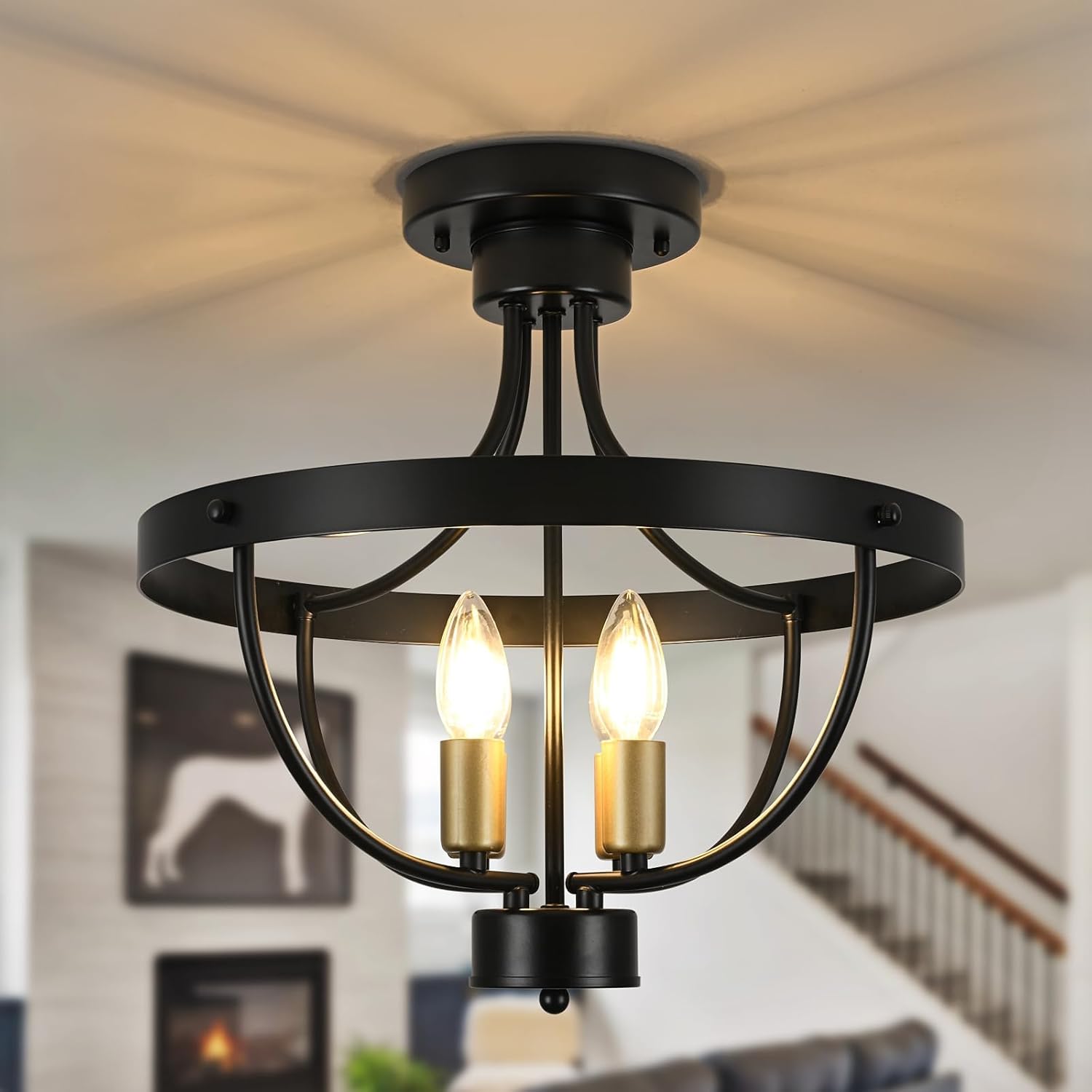 4-Light Farmhouse Chandelier Black and Gold Adjustable Ceiling Light Fixture,Rustic Industrial Vintage Pendant Lighting for Dining Room,Kitchen,Foyer,E12 Candelabra Base (Bulbs Not Included)