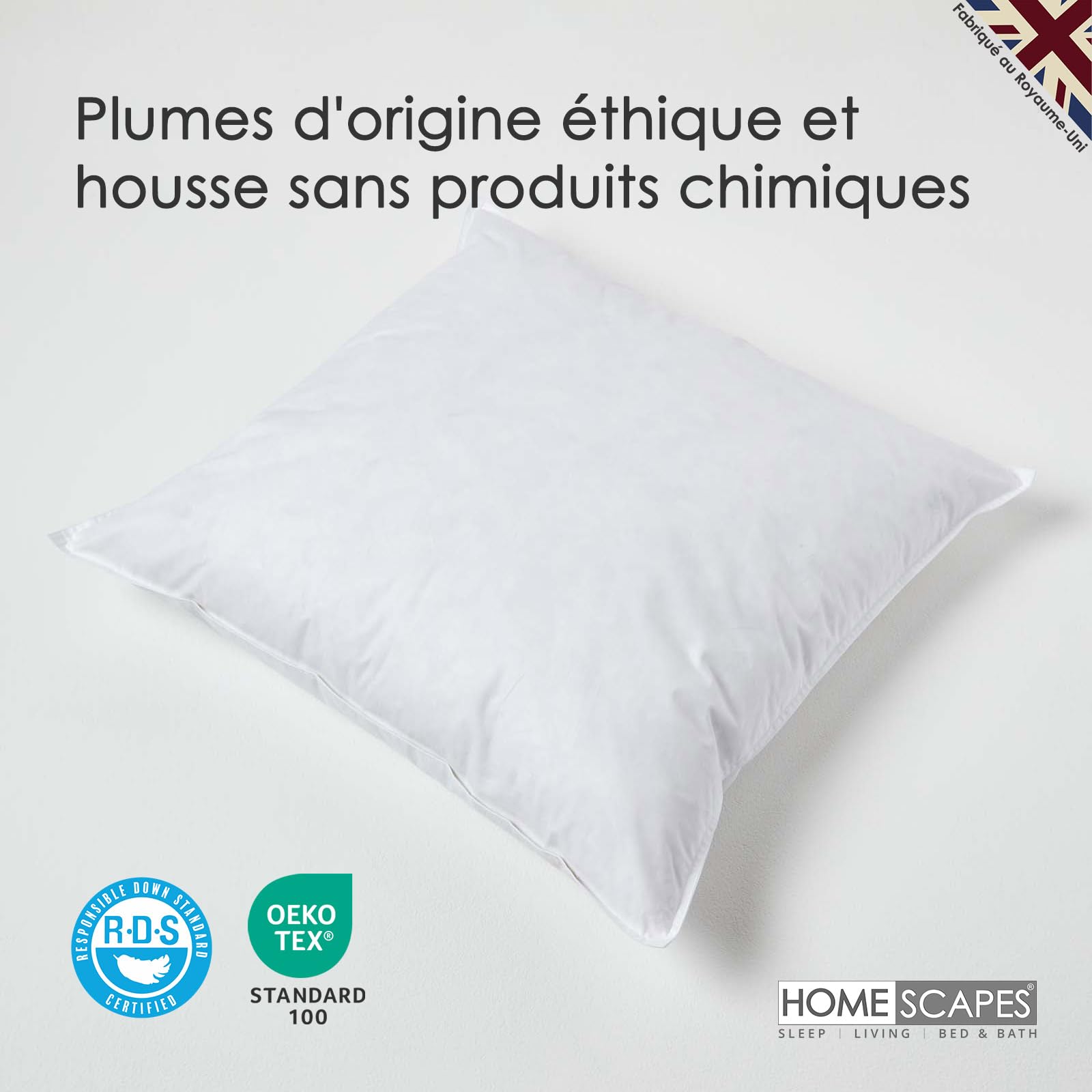 HOMESCAPES Lot de 2 Oreillers en Plumes de Canard et Coton, 65 x 65 cm, Oreillers Naturels Moelleux Hypoallergénique Anti-acariens