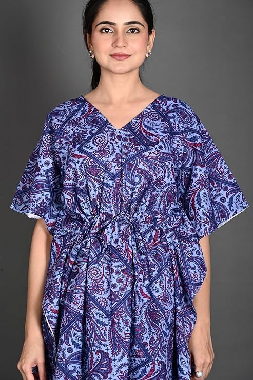 Image of Vlazom Women's 100% Cotton Printed Kaftan & Pyjama Set - Combo Pack of 2 | Free Size Nightwear with Pocket | Soft Cotton Loungewear Co-ord for Women