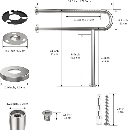 Miniatura 2 de Barra de agarre para inodoro de 31.3 pulgadas, barra de seguridad de baño de níquel cepillado con agarre moleteado antideslizante, barra de agarre