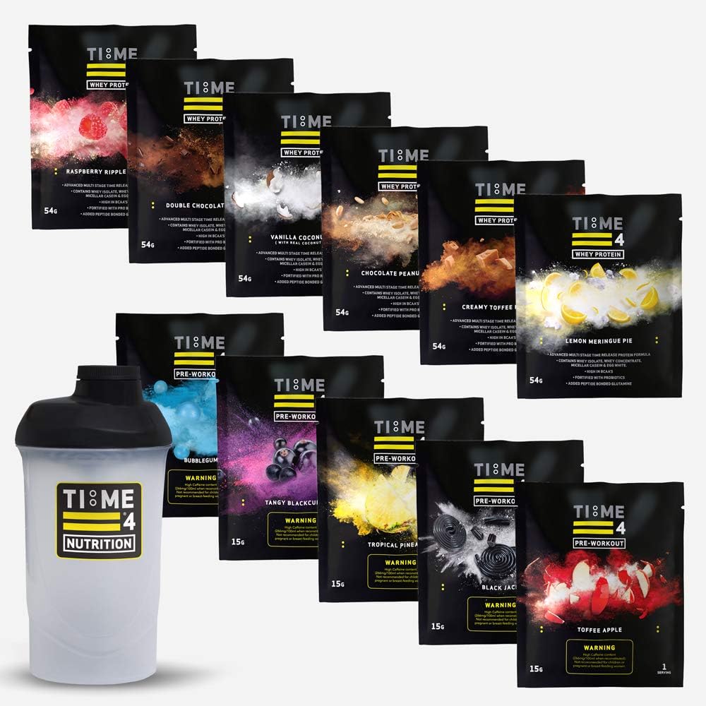 Time 4 Nutrition 6 Sachets Whey, 5 Sachets Pre-Workout & 1 Shaker Bottle - Try Before You Buy Pack
