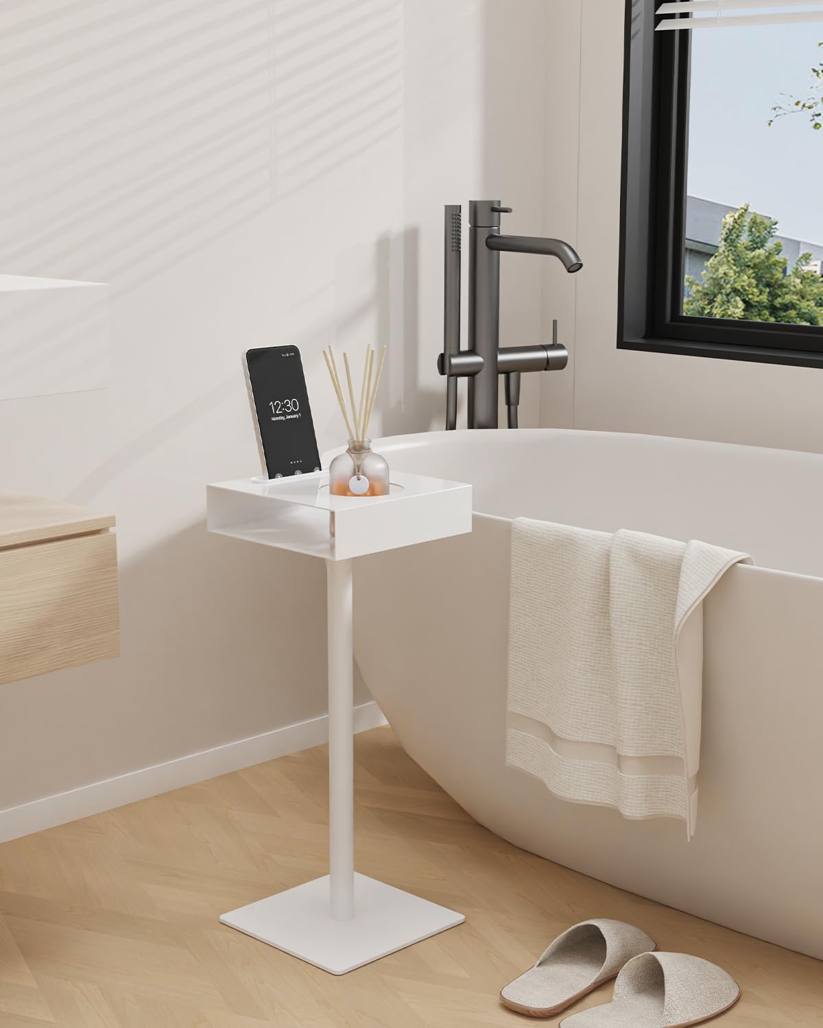 Yawinhe Lot de 1 Table d’appoint Métal,Carré Petite Table de Bout,Blanc | Table Basse Compacte pour Petits Espaces,Bout de canapé avec Fente, pour Téléphone Portable en Porte-coupe