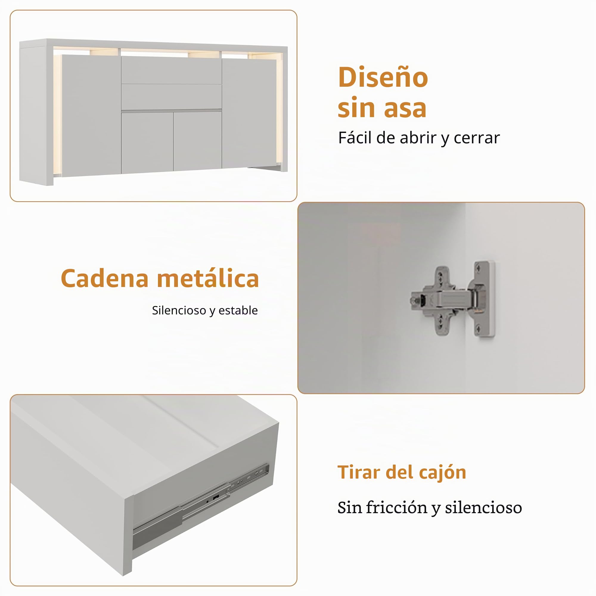 Aparador Blanco Brillante con LED, Mueble de Almacenamiento Moderno con 4 Puertas y 2 cajones, Mueble de TV Blanco Lacado para Sala de Estar, Cocina o Entrada