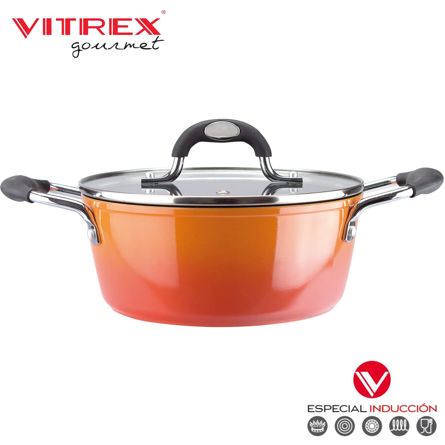 Vitrex Fuego - Batería Cocina 7 Piezas, Cacerola+Olla+Cazo+2 Sartenes+ 2 Tapas, Aluminio Extra-Grueso, Diseño Ergonómico, Tapas de Cristal