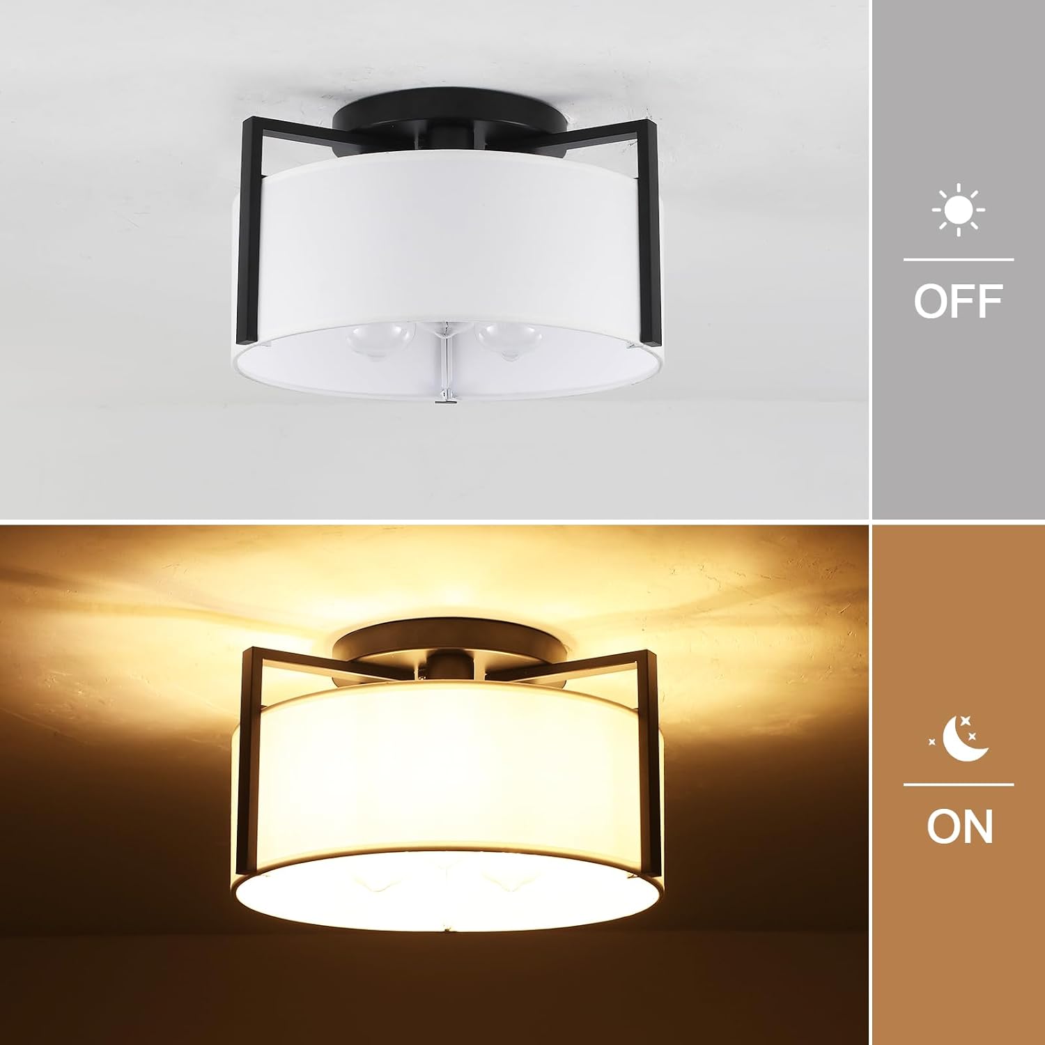 15" Semi Flush Mount Ceiling Light, 3-Light Modern Kitchen Hallway Light Fixtures with Drum White Shade, Metal Close to Ceiling Lights for Entryway Living Room Bedroom Dining Room Foyer, Black