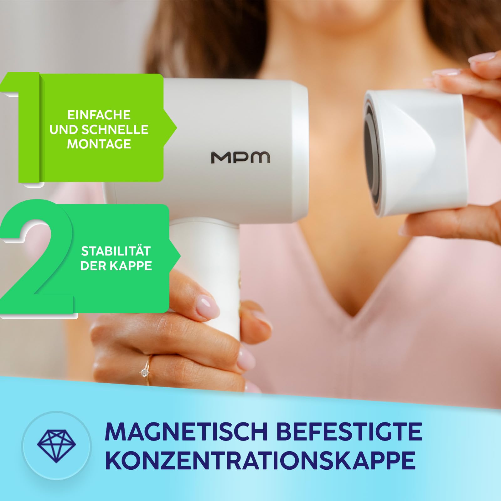 MPM Ionen Haartrockner 1500W - Haarföhn mit 3 Temperaturstufen und 3 Gebläsestufen, Magnetische Stylingdüse - Schnelltrockner Föhn mit Diffusor für glänzendes und glattes Haar - Weiß