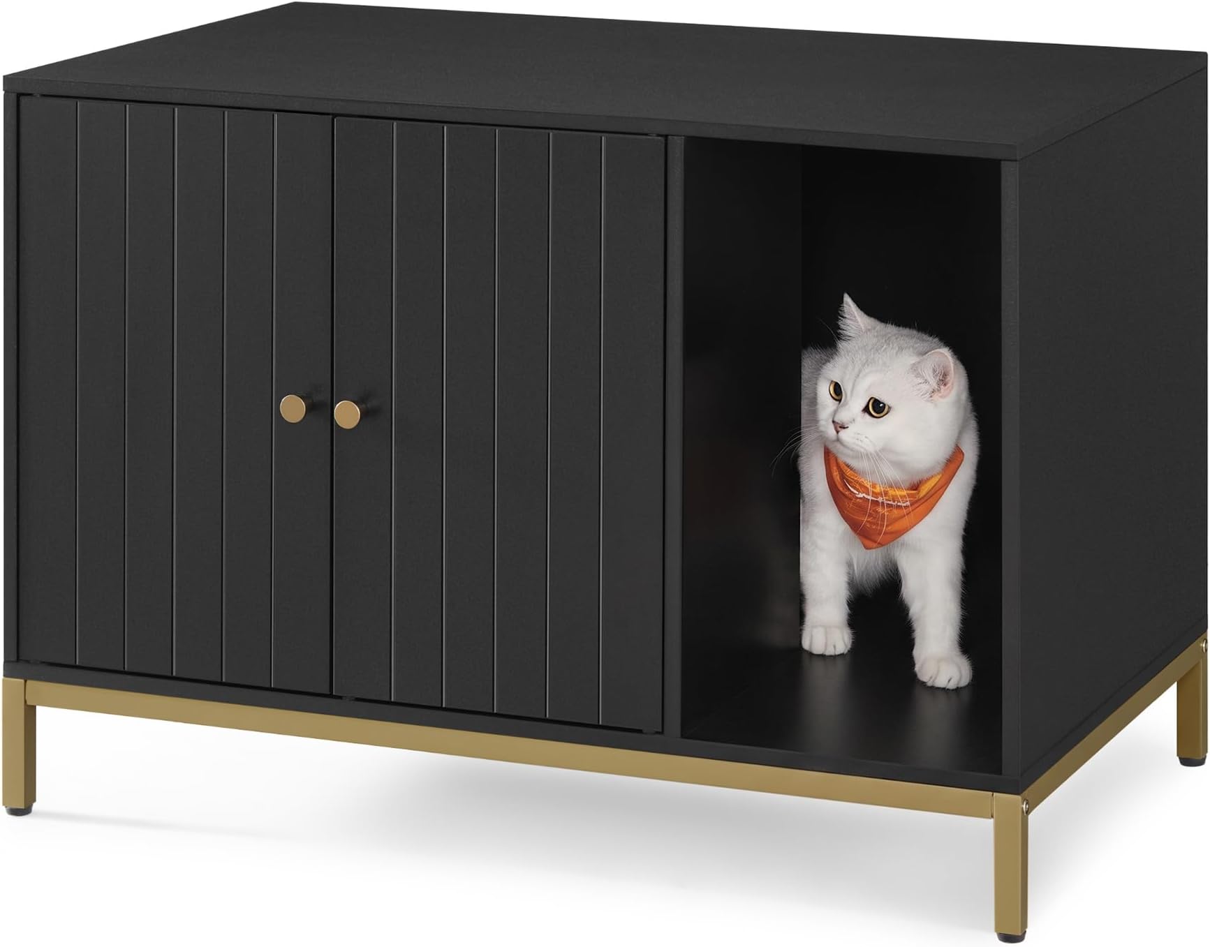 Litter Box Enclosure, Modern Cat Litter Box Furniture Hidden, with Scratching Mat, Tall Legs, Cat House, Side End Table, 31.5 x 19.7 x 21.7 Inches, Black and Gold UPCL007B01