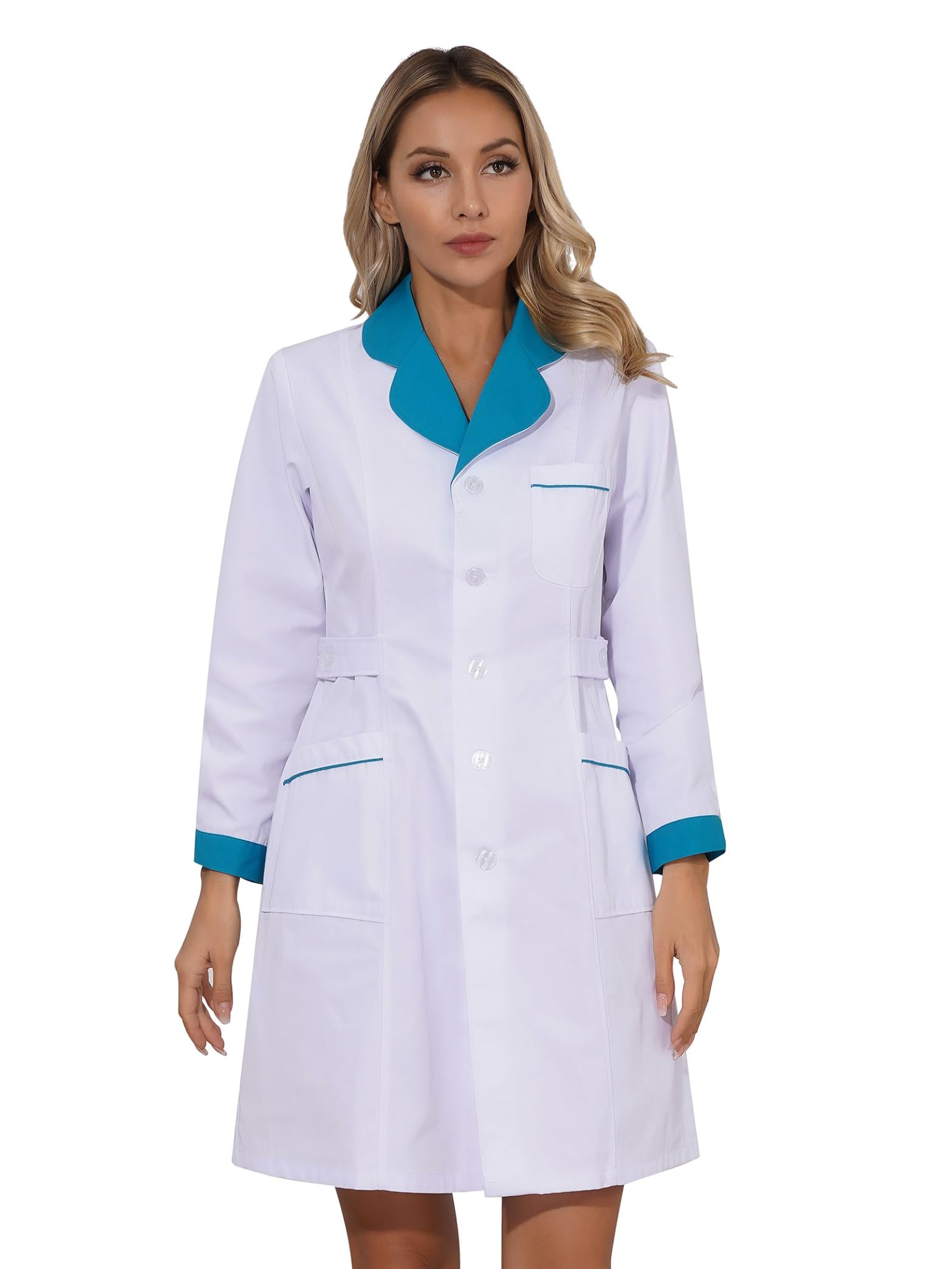 Hedmy Women Lab Coat Long Sleeve Medical Coat Dress Uniform Hospital Nurse Doctor Scrub Dress Green Curved Lapel Medium