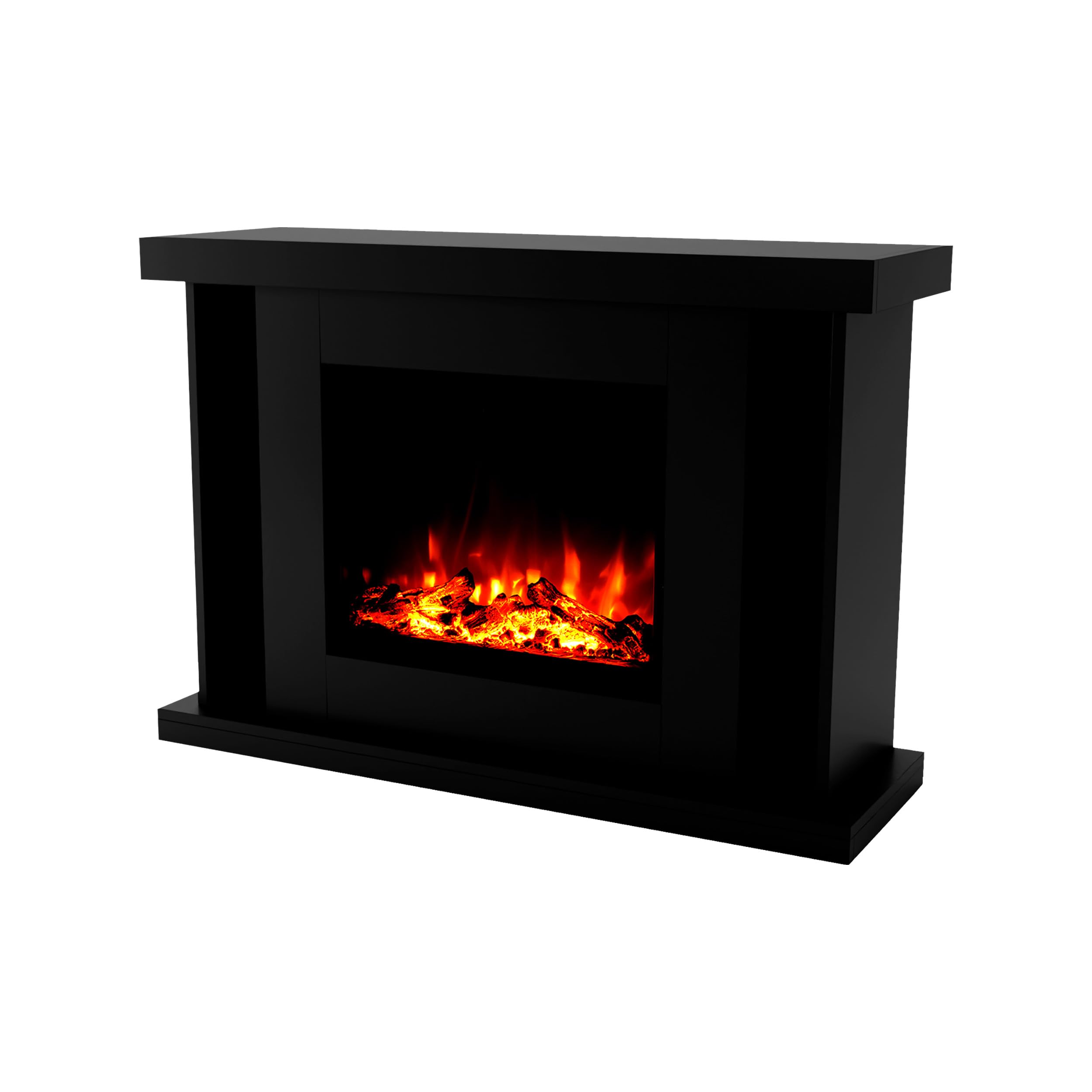 GLOW FIRE Wolnostojący kominek TARVOS - Kominek elektryczny z grzałką, płomień LED w 3 kolorach, nawiew, dekoracja drewniana, pilot, 120x84x38 cm, Czarny
