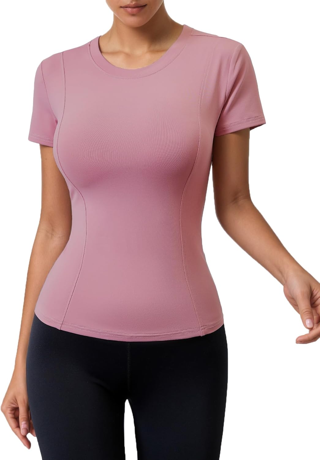 Women Elastic Workout Shirts Breathable Compression Quick Dry Gym Lightweight Basic Fitted Tops - Image 2