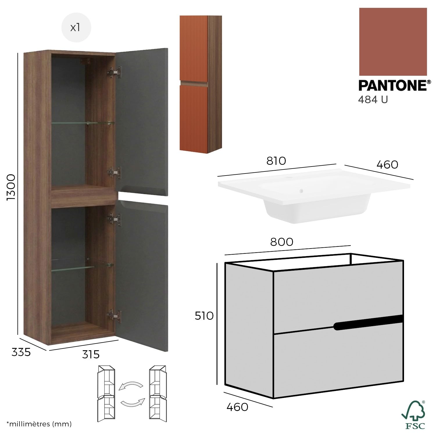 SANIVERRE Ensemble Meuble Simple Vasque L.80cm + 1 Colonne à Suspendre Chêne Moka 2 tiroirs Brique cannelé Collection Salle de Bain EVA