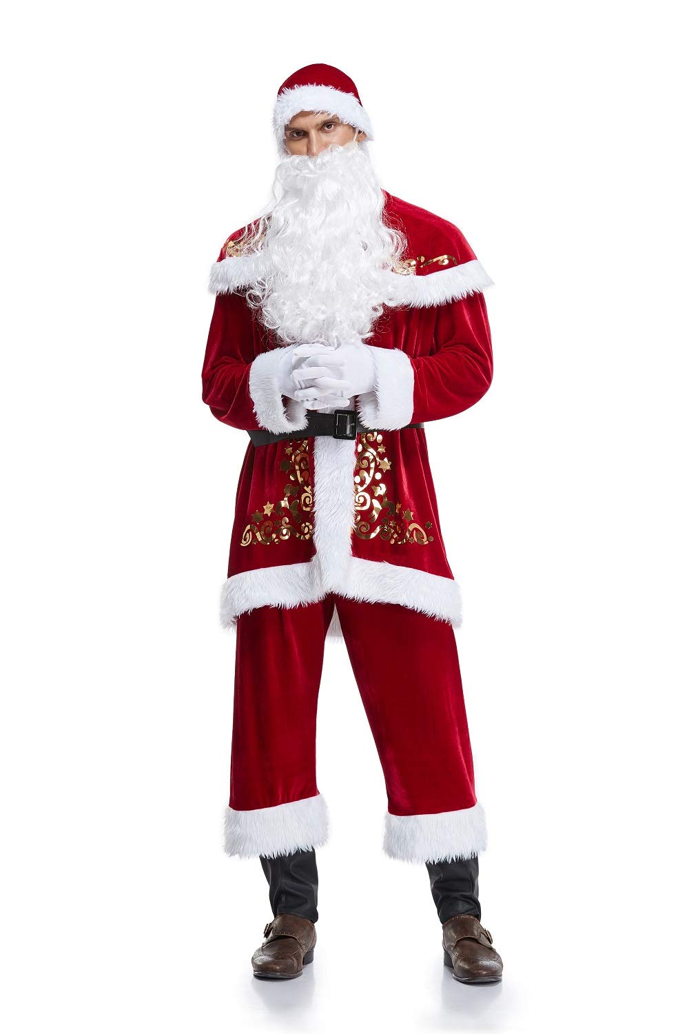 Christmas Santa Costume, BS Red Deluxe Velvet Christmas Party Cosplay for Adult Santa Claus Suit