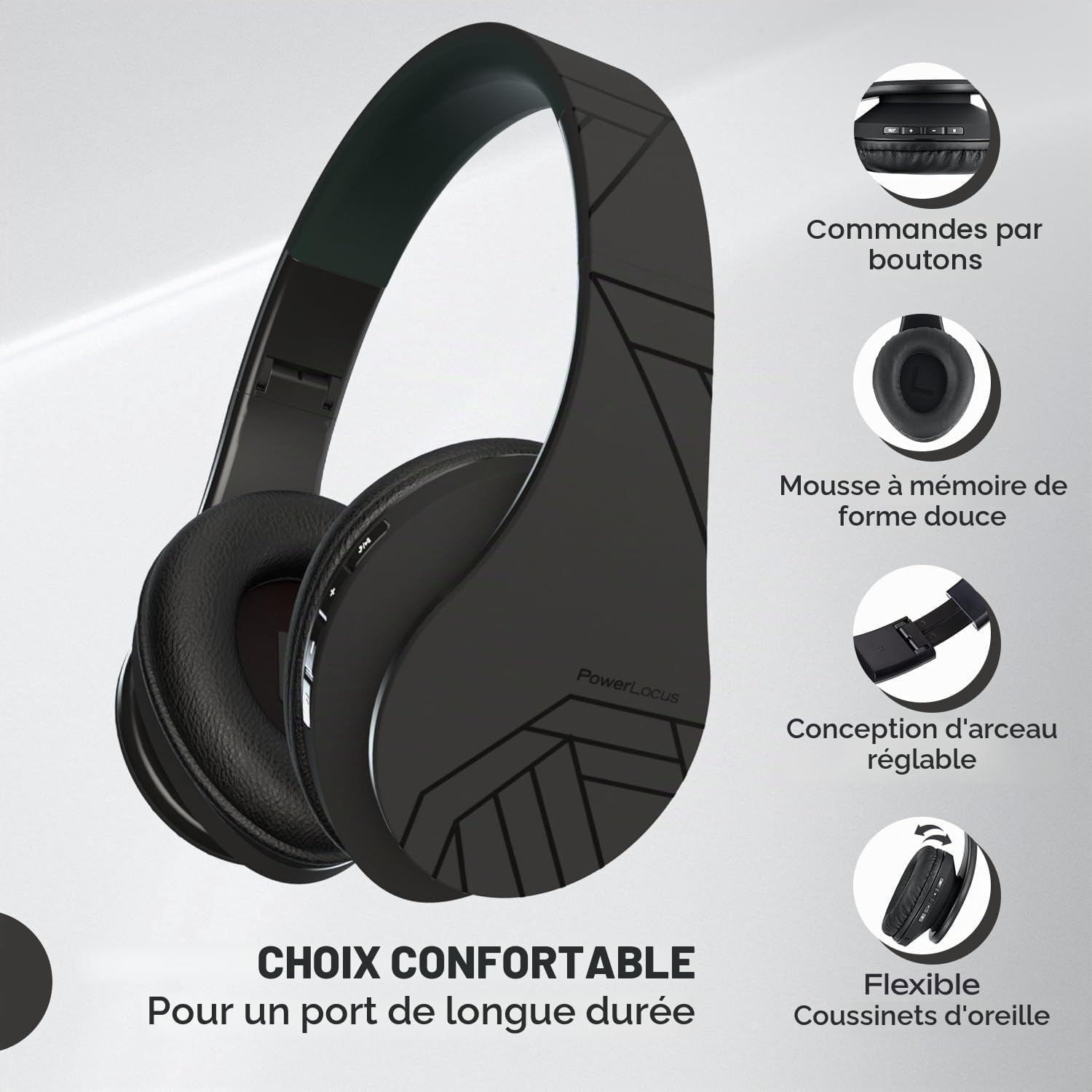 PowerLocus Casque Bluetooth Audio stéréo Pliable sans Fil et Filaire avec Micro intégré, Micro SD/TF, FM pour iPhone/Wiko/Samsung/iPad/PC (Noir)