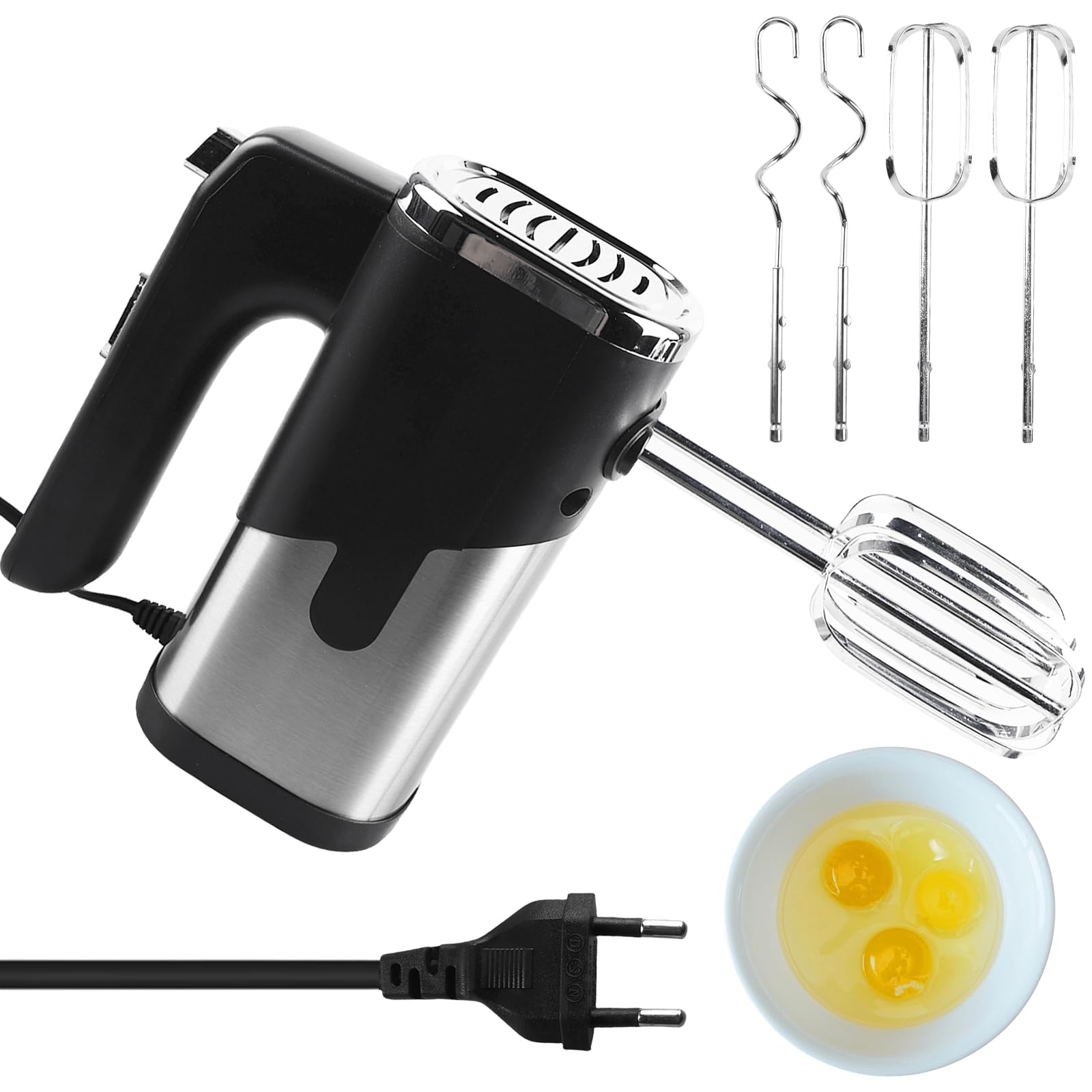 Handmixer: 800W Mixer Handrührer, 5 Geschwindigkeiten, Elektrisch Handrührgerät mit 4*Edelstahl Zubehör, Rührgerät Handmixer, Edelstahlkneter Handmixer, Handrührer, Küchenmixer (Schwarz)