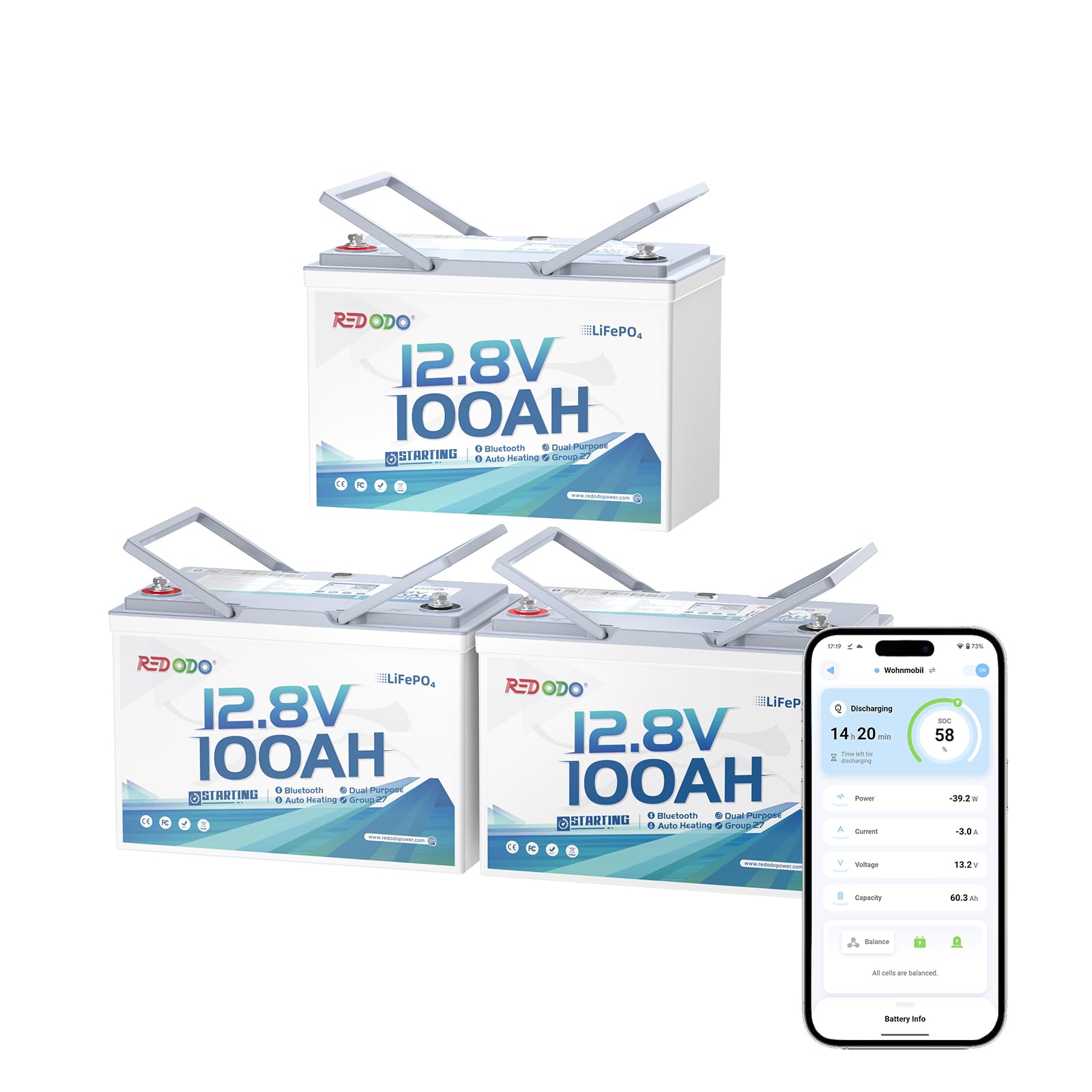 Redodo 12V 100Ah Dual Purpose Group 27 Lithium Marine Battery-3 Pack