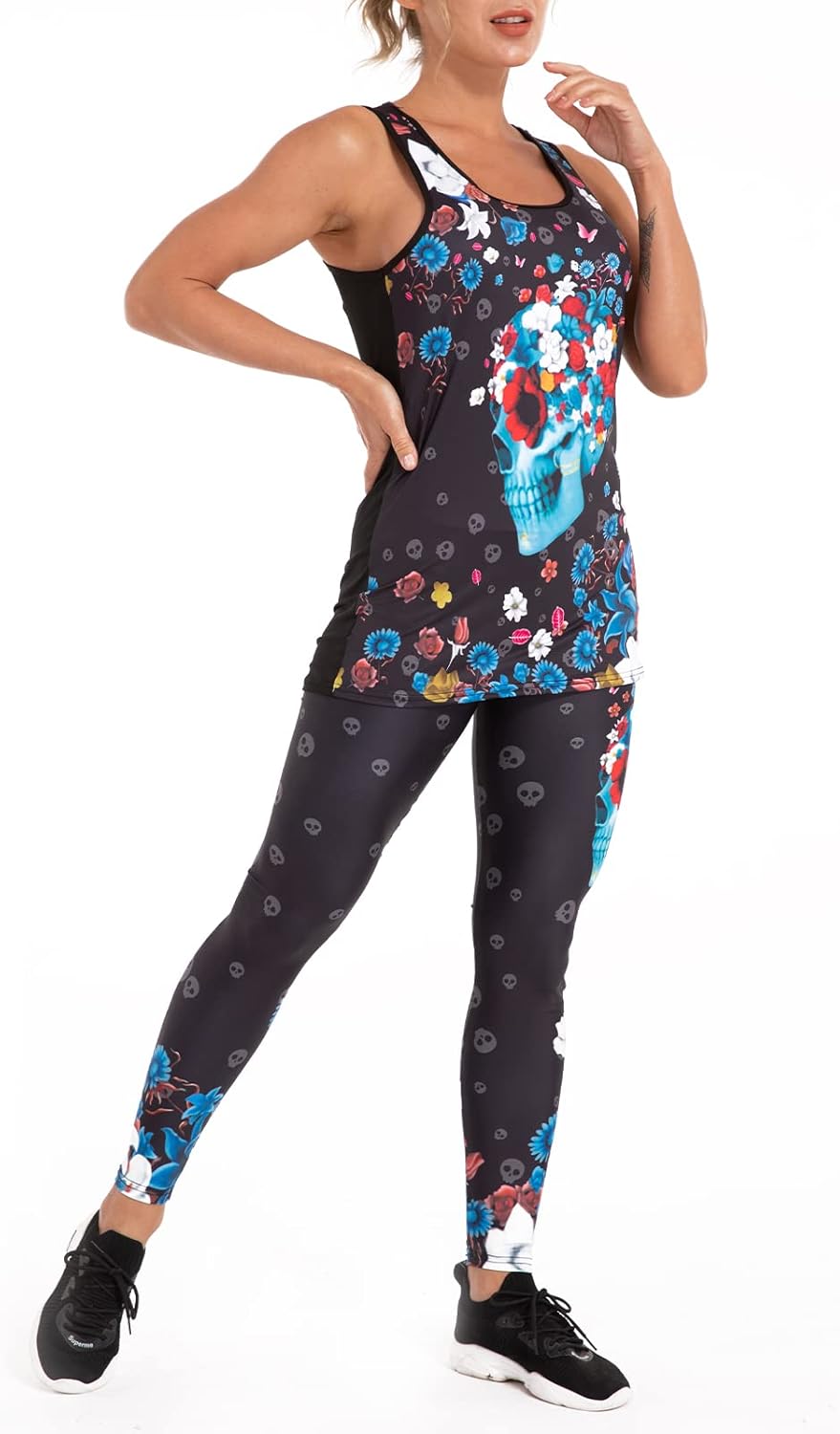 Women’s Sugar Skull Yoga Outfits for Women 2 Piece Sets, Summer Tank Tops Leggings Workout Activewear for Girls