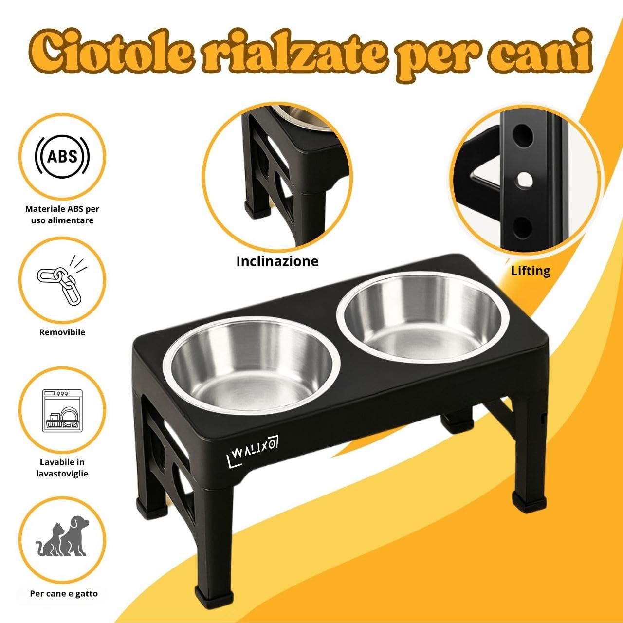 Ciotole Rialzate Cane Regolabili 5 Altezze – Ciotola Rialzata Set 3 in 1 con 2 Ciotole Inox 1200ml + Ciotola Anti-Ingozzamento 800ml, Tappetino Antiscivolo, per Cani Piccoli Medi Grandi