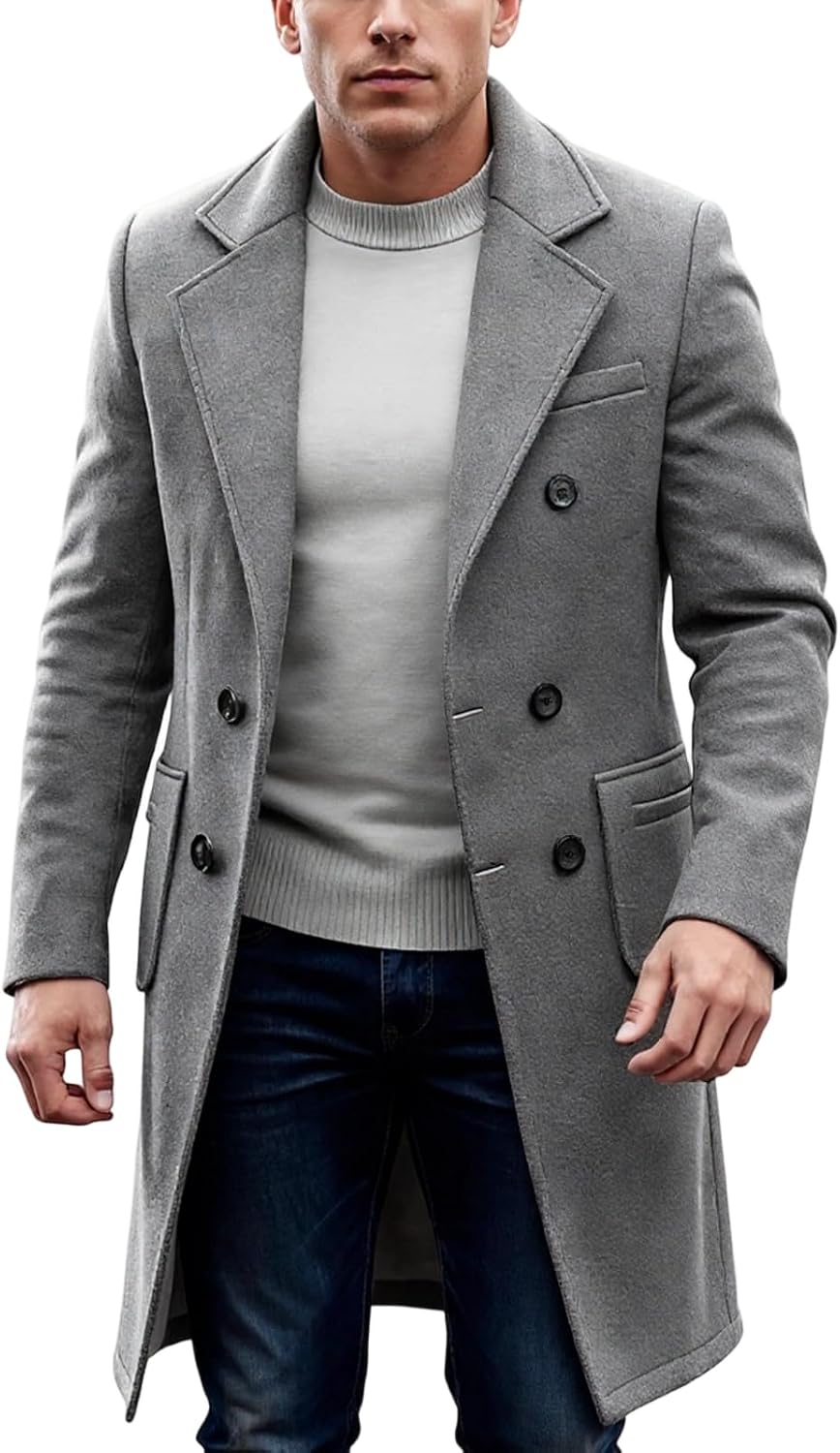 Ymosrh Men's Trench Coat Notch Lapel Double Breasted Winter Warm Business Long Jacket Overcoat, S-2XL